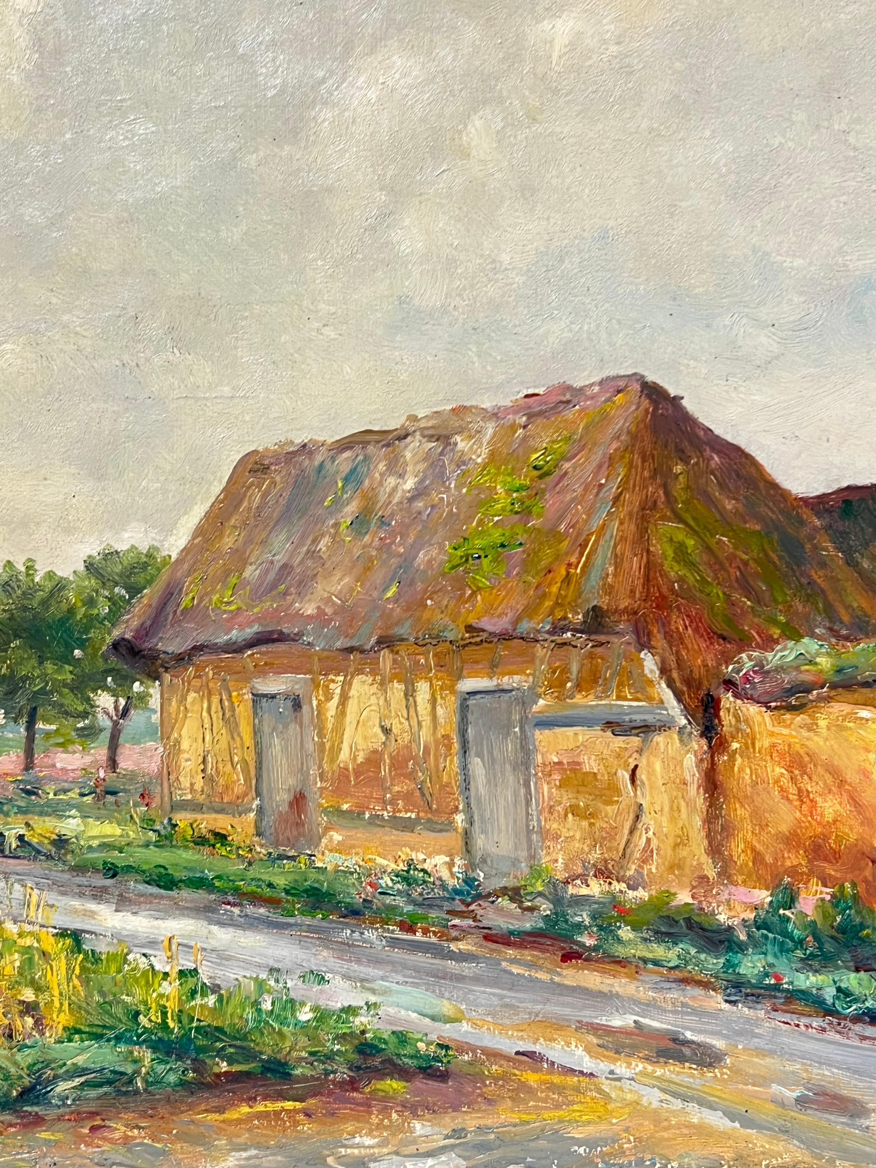 Rustikales Landhaus mit getäfeltem Dachboden in einem goldenen Weizenfeld in ruhiger Landschaft (Post-Impressionismus), Painting, von Regine David