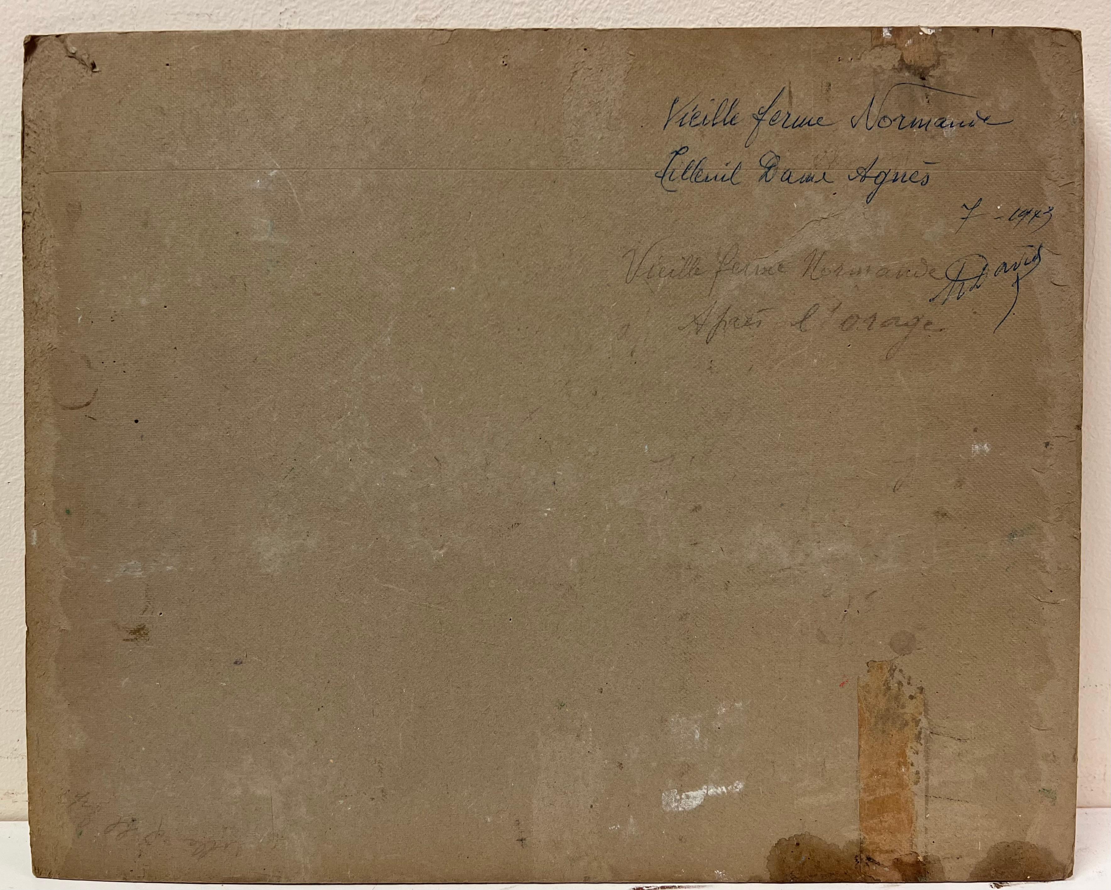 Rustikales Landhaus 
signiert von Regine David (französische Künstlerin, 1910-2018)
aus dem Jahr 1943
Ölgemälde auf Karton, ungerahmt
Pappe: 13,5 x 16 Zoll
verso beschriftet
Zustand: Das Gemälde ist in ausgezeichnetem Zustand, mit leuchtenden Farben