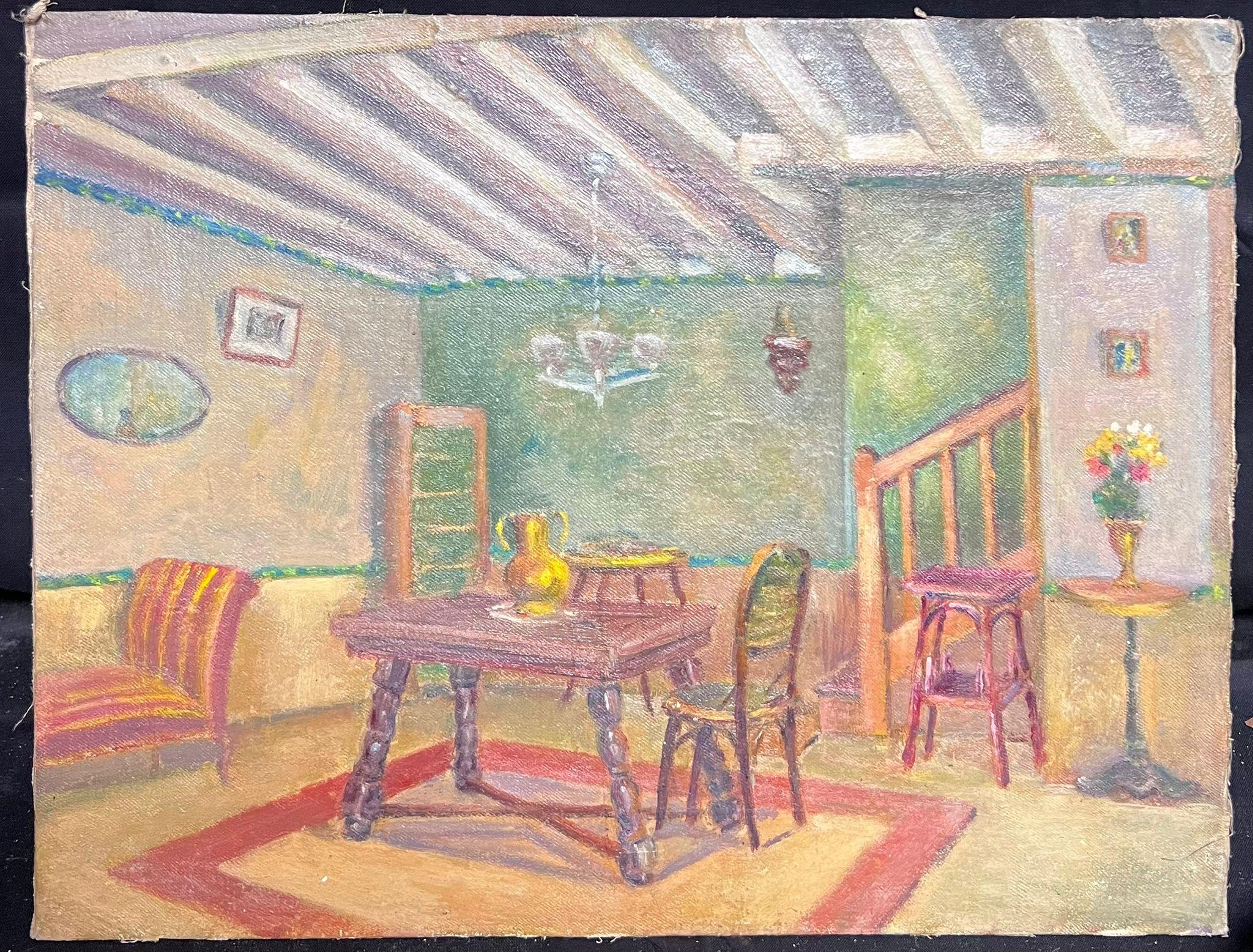 Rustic French Cottage Interior Scene 1950's French Post-Impressionist Oil - Painting by Regine David