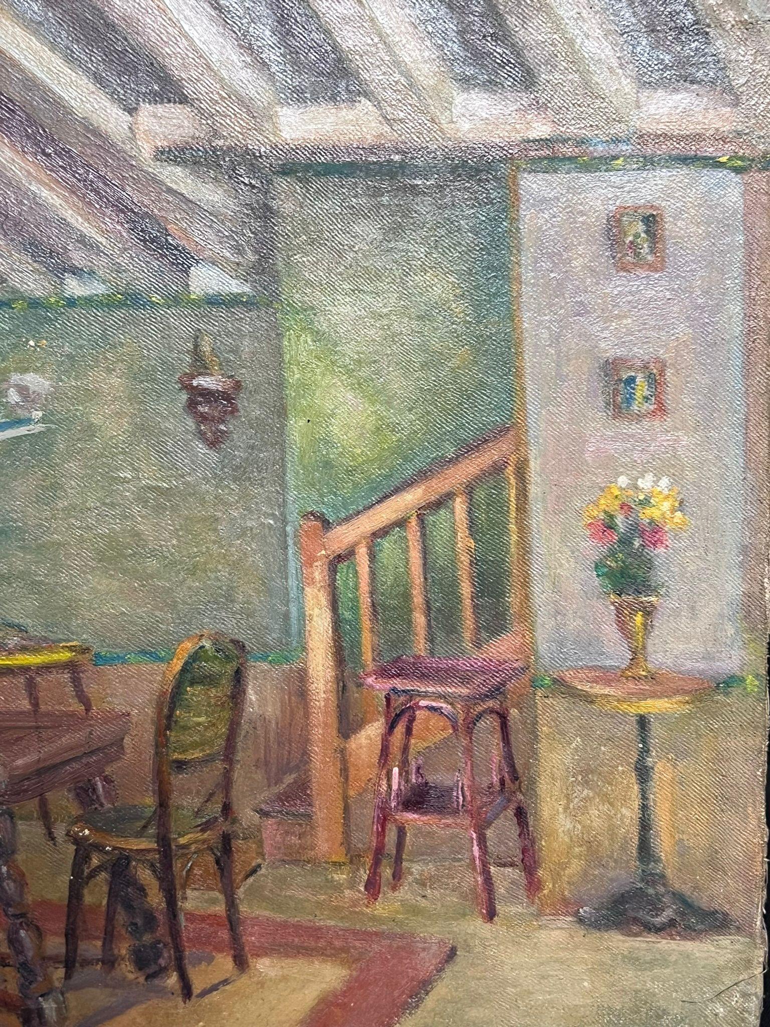 Rustic French Cottage Interior Scene 1950's French Post-Impressionist Oil - Beige Interior Painting by Regine David