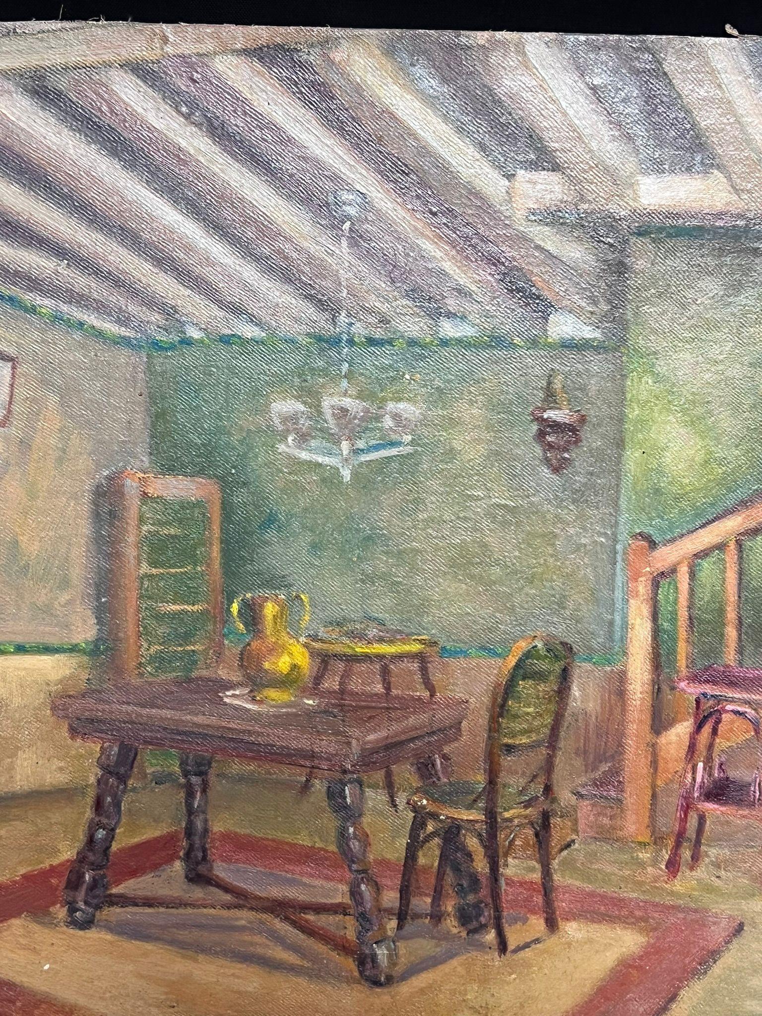 The Cottage Interior
by Regine David (female French artist, 1910-2018)
oil painting on board, unframed
measures: 10.75 x 14 inches
condition: the painting is in very sound and presentable condition and certainly very original. It had previously been