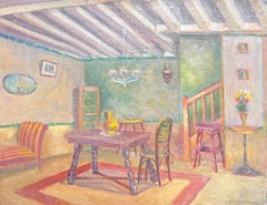 Rustic French Cottage Interior Scene 1950's French Post-Impressionist Oil