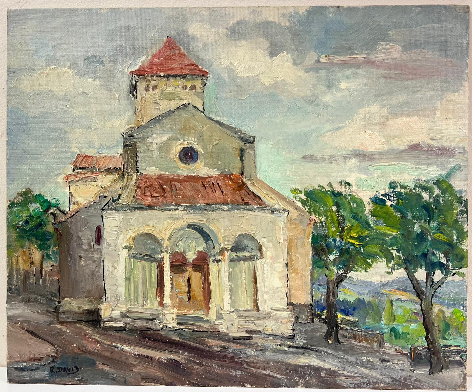 Iglesia rústica mediterránea con tejado de tejas rojas y fachada arqueada Paisaje - Painting de Regine David