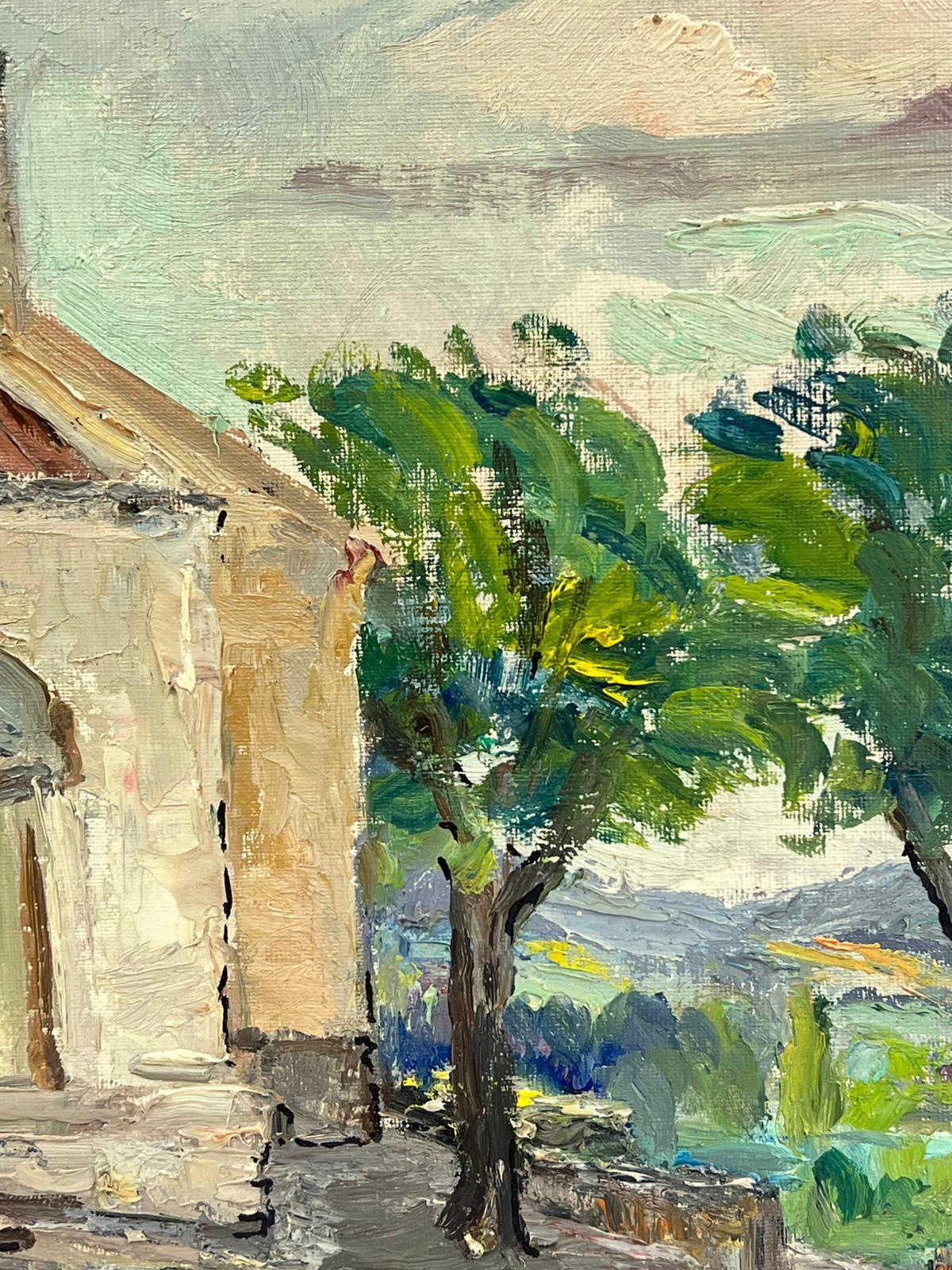 Iglesia rústica mediterránea con tejado de tejas rojas y fachada arqueada Paisaje - Painting Posimpresionista de Regine David