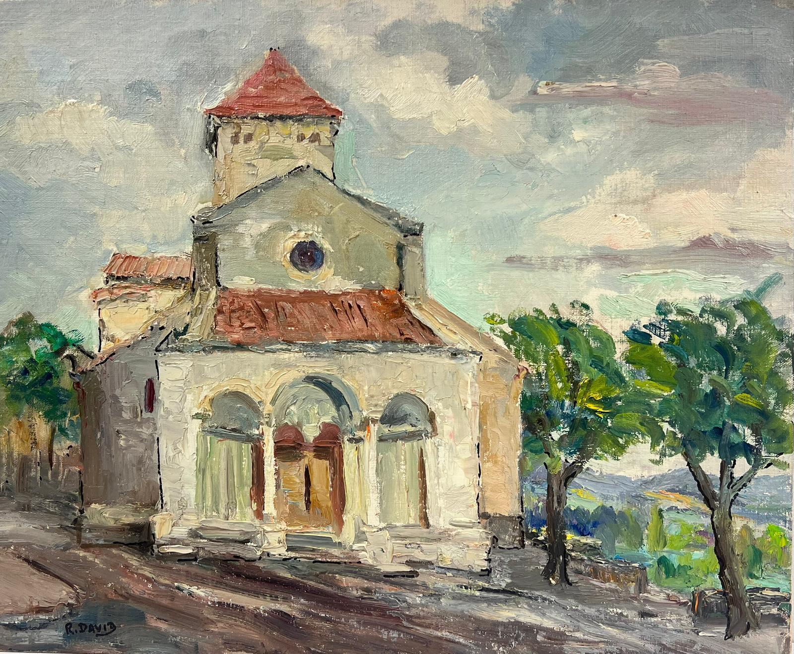 Landscape Painting de Regine David - Iglesia rústica mediterránea con tejado de tejas rojas y fachada arqueada Paisaje