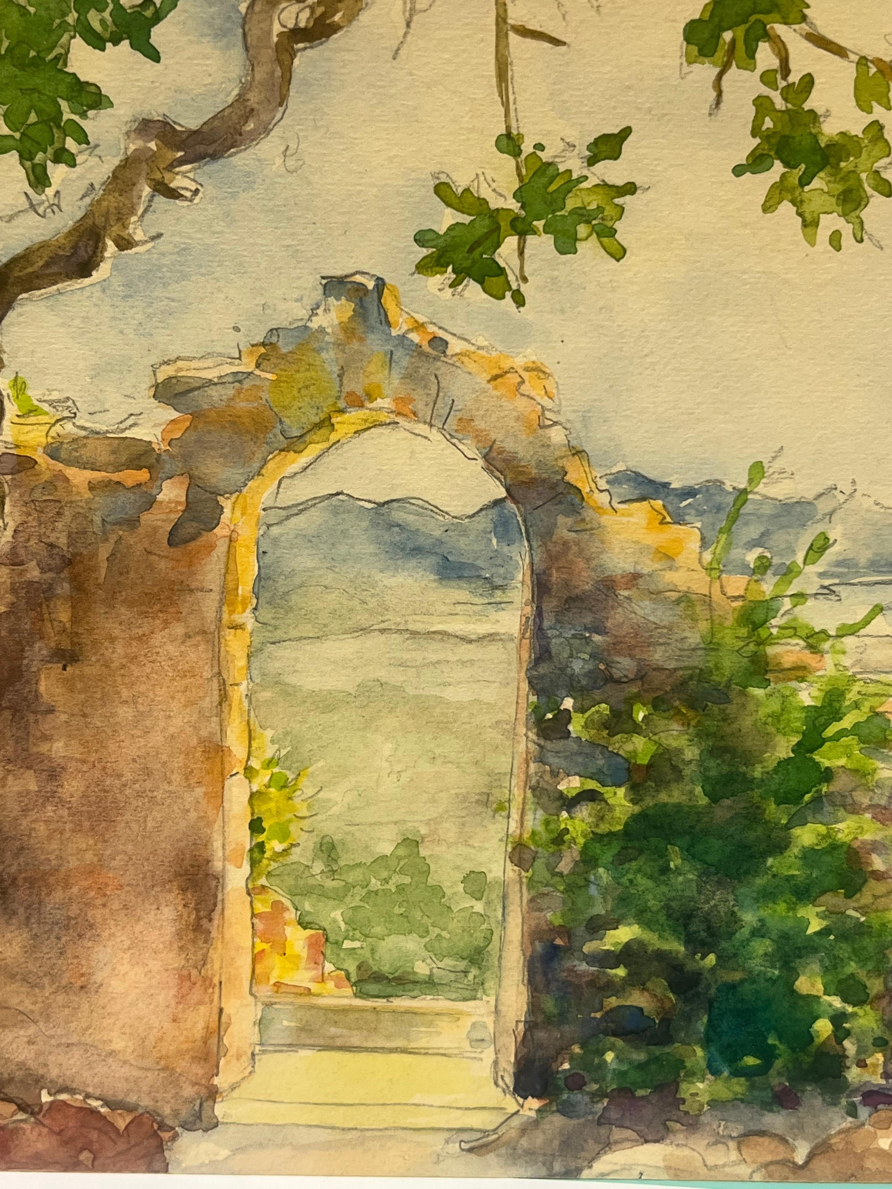 Arco Rústico de Piedra con Vista Escénica de la Costa Paisaje Cautivador de Acuarela - Painting Posimpresionista de Regine David