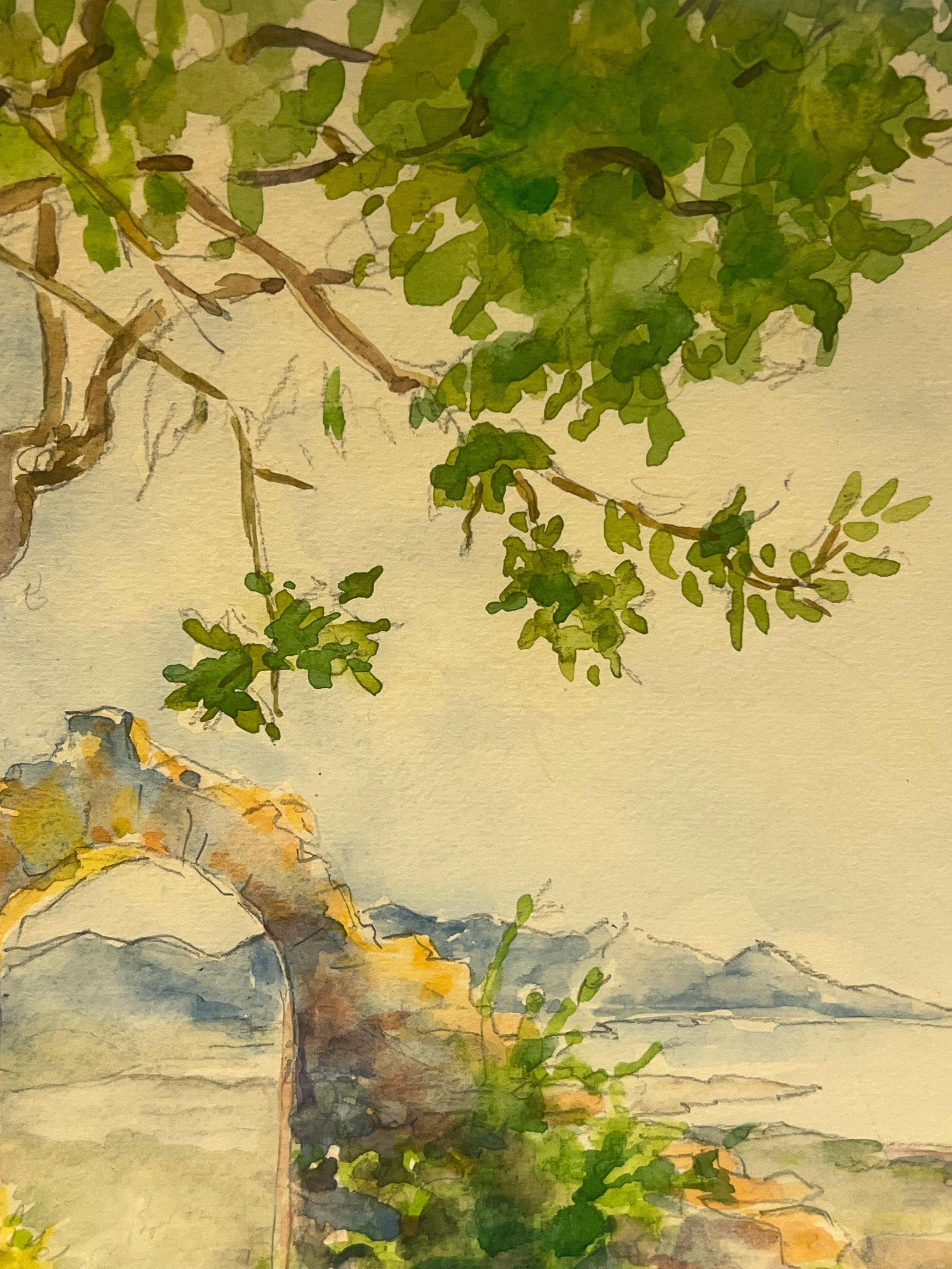 Arco Rústico de Piedra con Vista Escénica de la Costa Paisaje Cautivador de Acuarela - Landscape Painting Marrón de Regine David