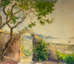 Rustic Stone Archway with Scenic Coastal View Captivating Watercolor Landscape