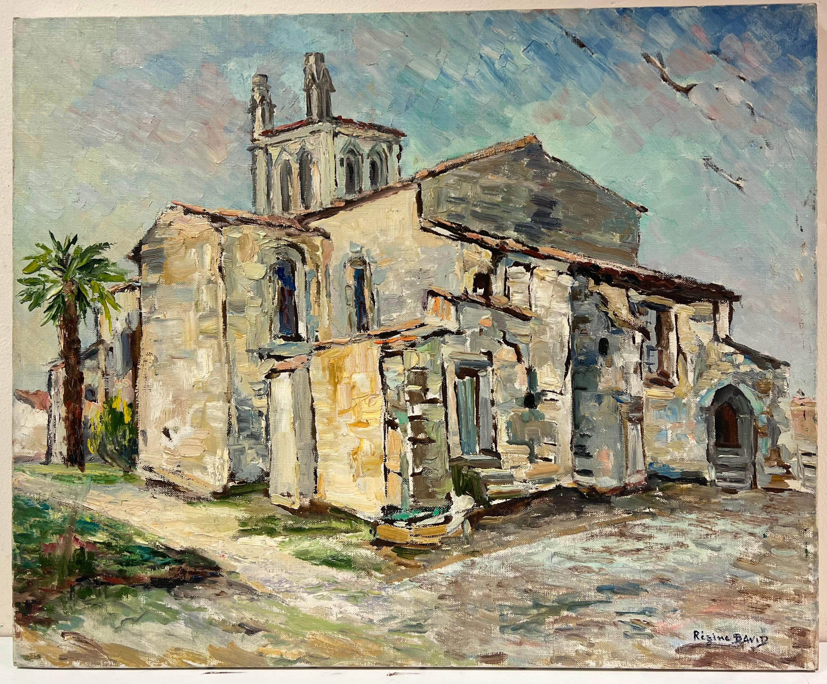 Rustic Stone Church with Romanesque Architecture and Towering Arches - Painting by Regine David