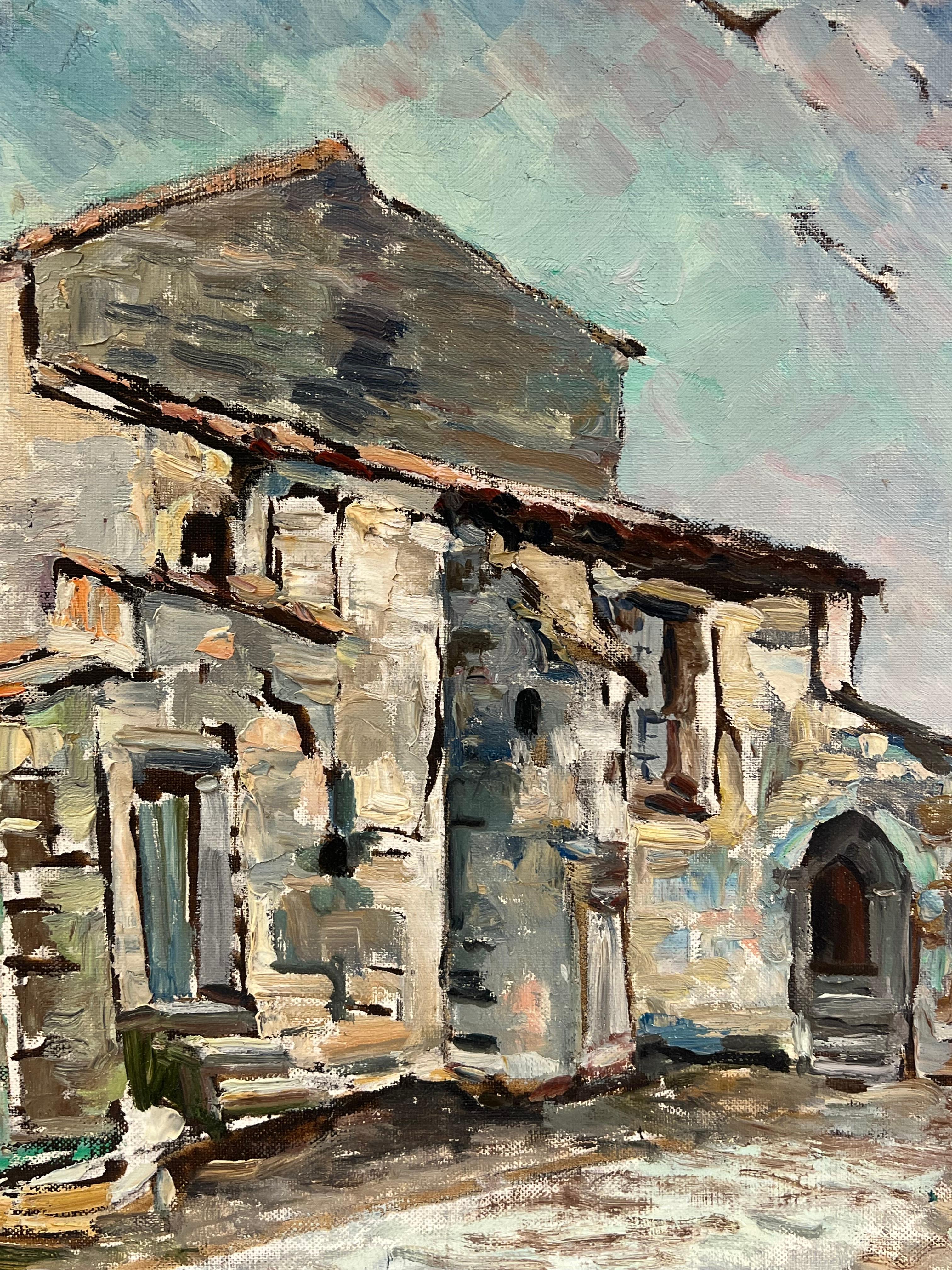 Rustic Stone Church with Romanesque Architecture and Towering Arches - Post-Impressionist Painting by Regine David