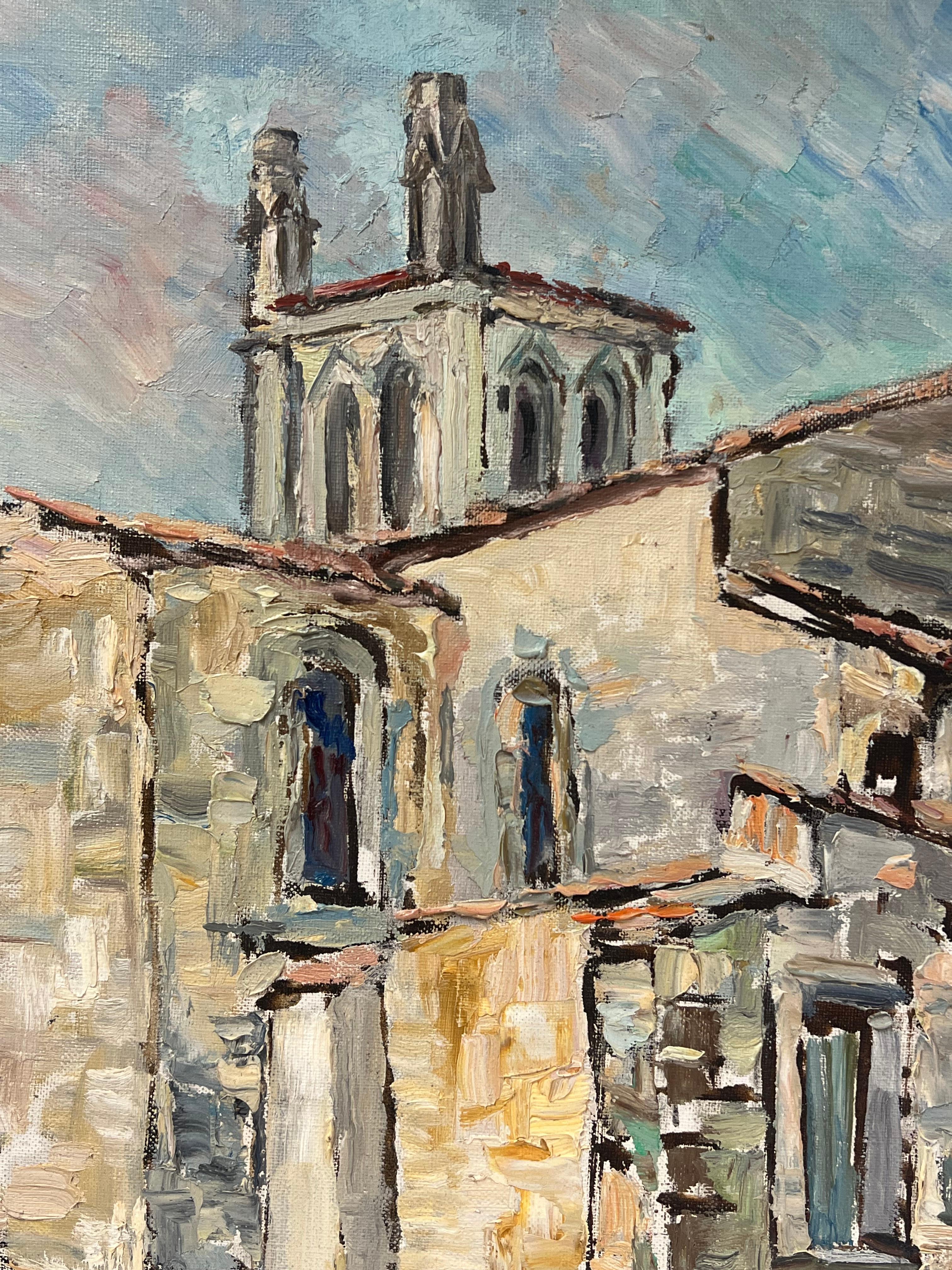 Rustic Stone Church with Romanesque Architecture and Towering Arches - Brown Landscape Painting by Regine David
