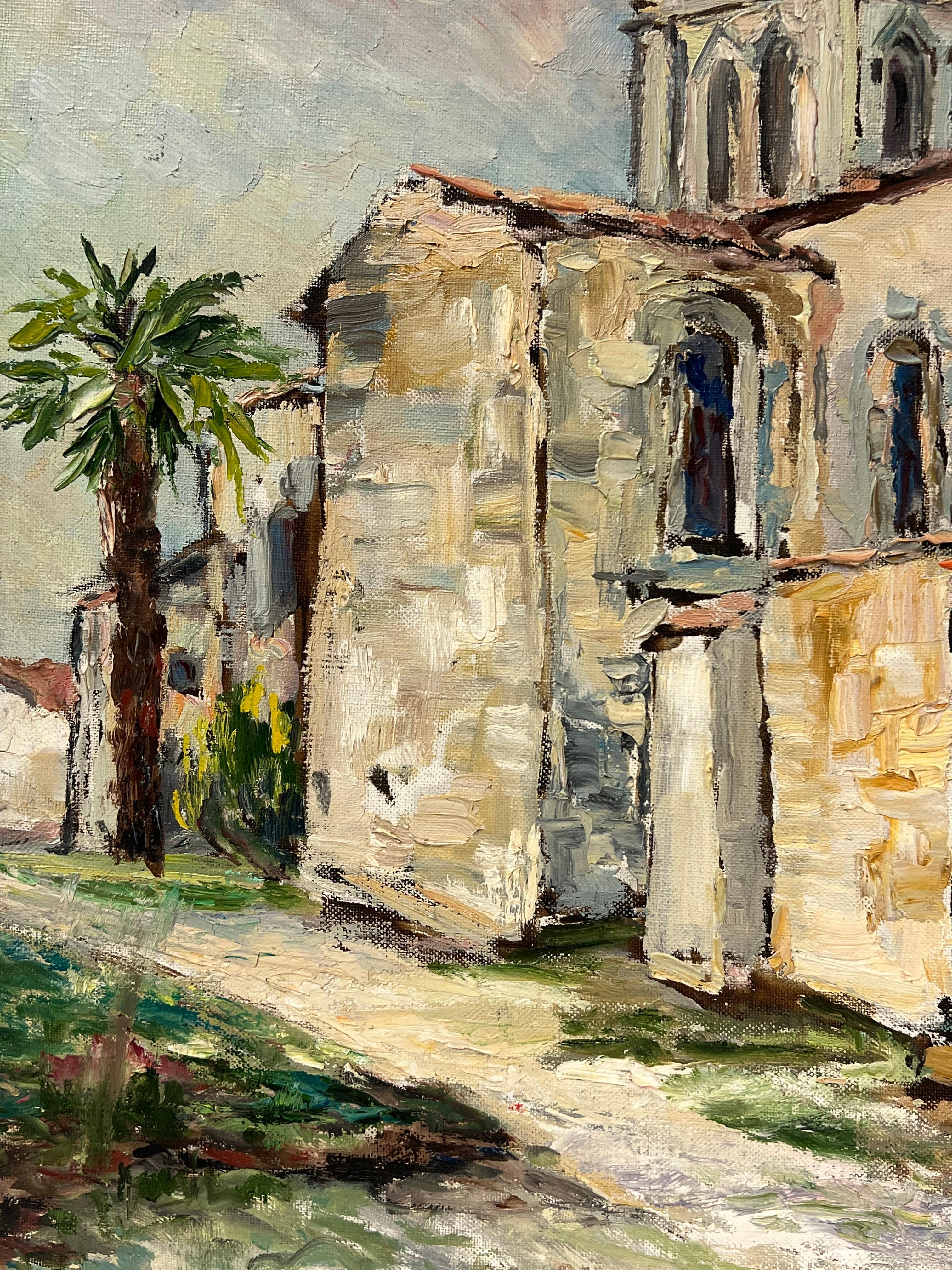 Rustic Stone Church
signed by Regine David (female French artist, 1910-2018)
oil painting on canvas, unframed
canvas: 20 x 24 inches
condition: This painting is in excellent condition, with vibrant colors and well-preserved details. The board is