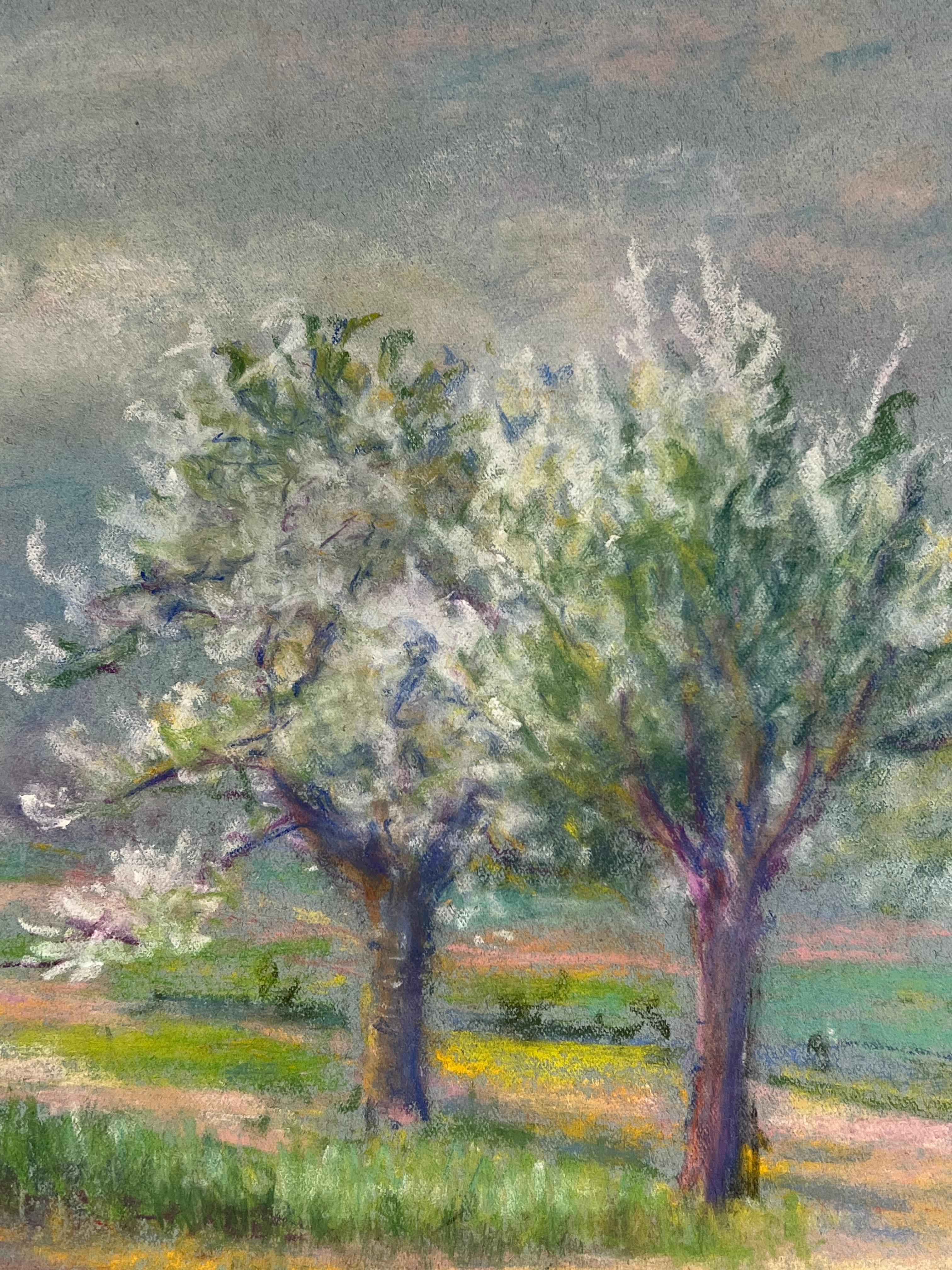 El despertar de la primavera Árboles en flor bajo un cielo sombrío en un paisaje pastel - Painting Posimpresionista de Regine David