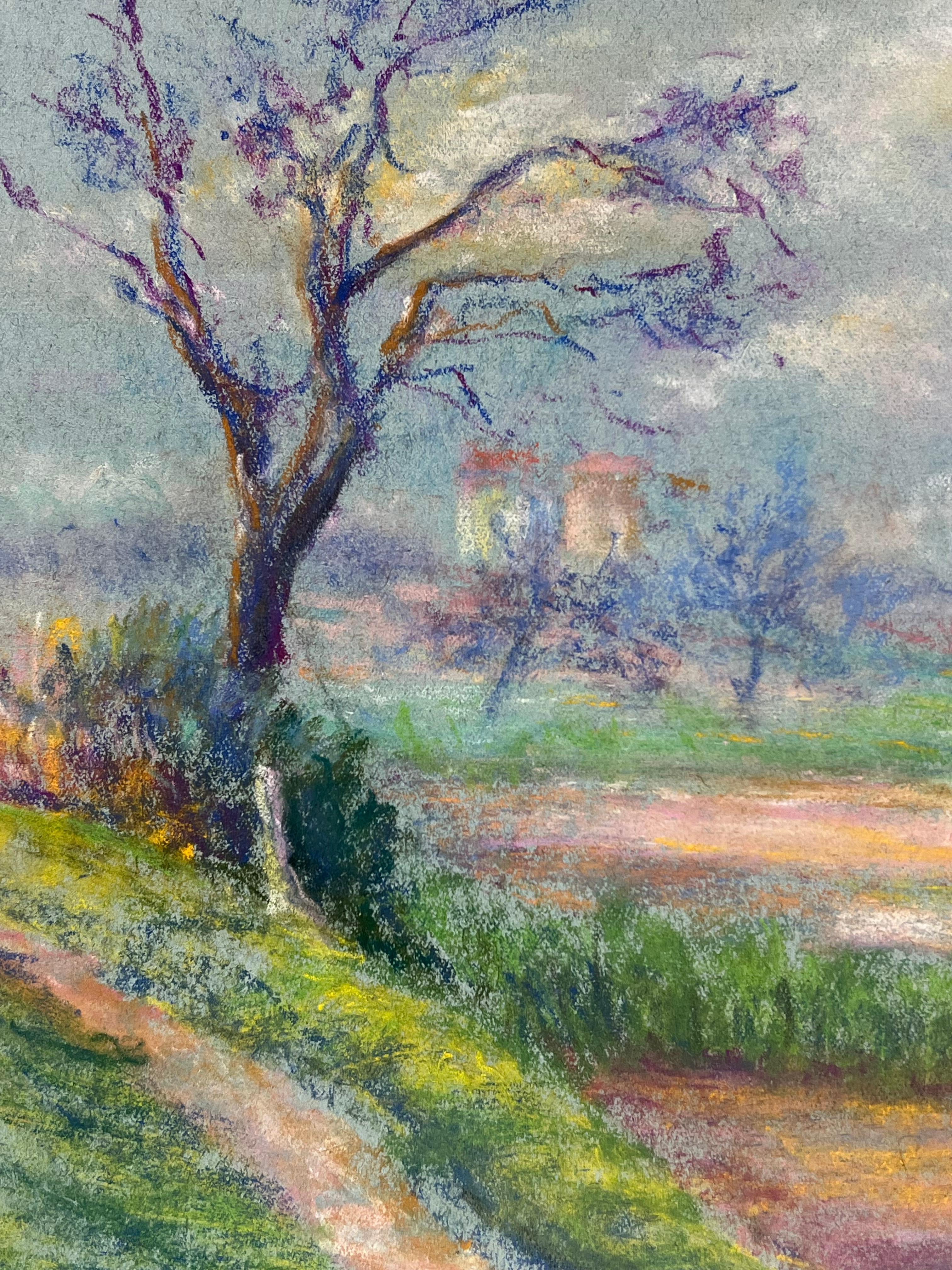 Despertar de primavera
de Regine David (artista francesa, 1910-2018)
pintura al pastel sobre papel de artista, pegada sobre papel de artista
cuadro: 12 x 15,5 pulgadas
Estado: Este cuadro está en excelente estado, con colores vibrantes y detalles