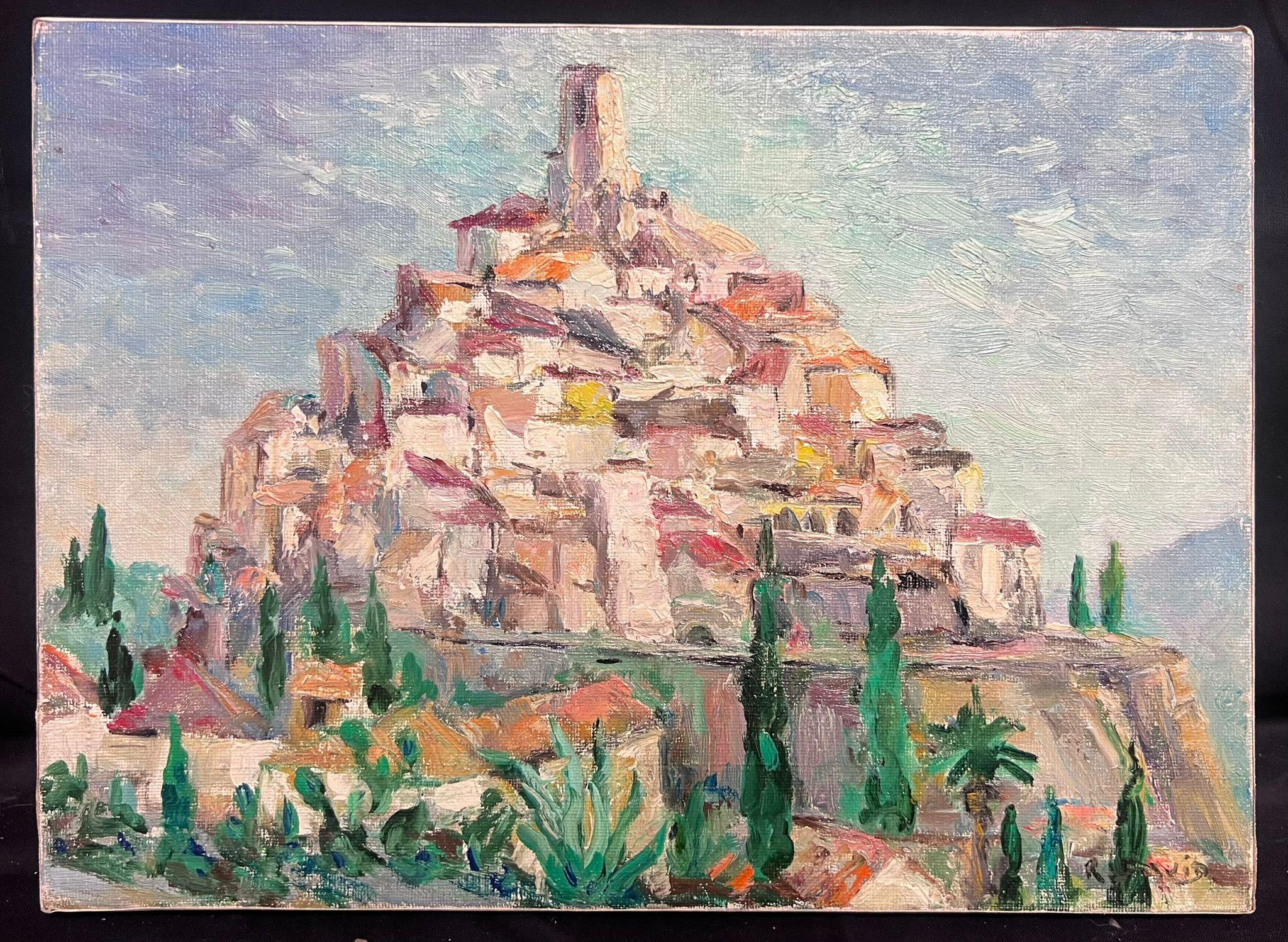 St. Paul de Vence Provenza 1960 Pueblo de la cima de la colina Óleo postimpresionista francés - Painting de Regine David
