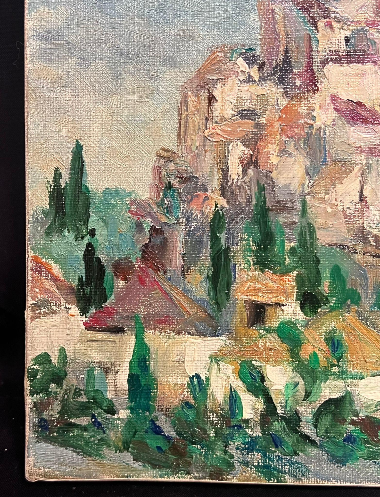 St. Paul de Vence Provenza 1960 Pueblo de la cima de la colina Óleo postimpresionista francés - Painting Posimpresionista de Regine David