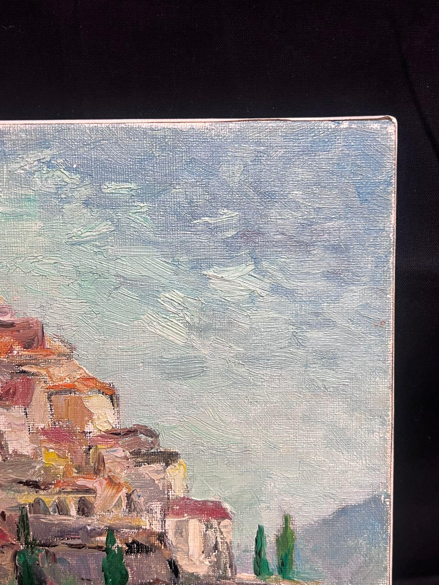 St. Paul de Vence Provenza 1960 Pueblo de la cima de la colina Óleo postimpresionista francés en venta 1