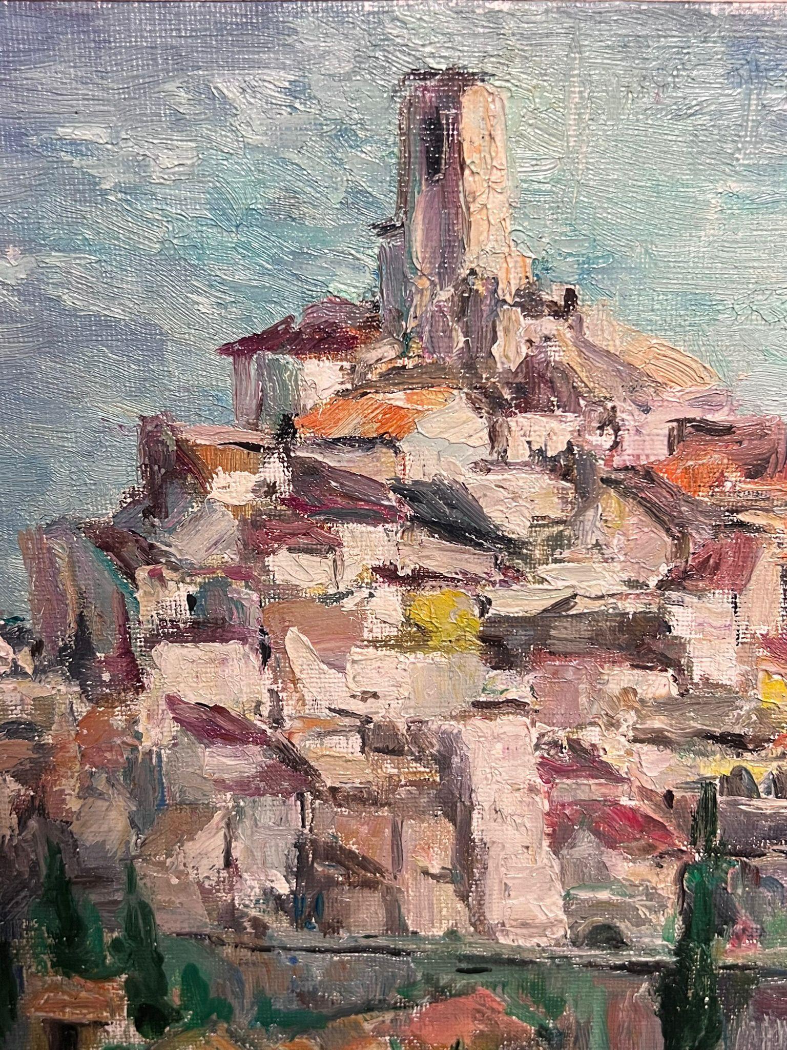 St. Paul de Vence Provenza 1960 Pueblo de la cima de la colina Óleo postimpresionista francés en venta 2