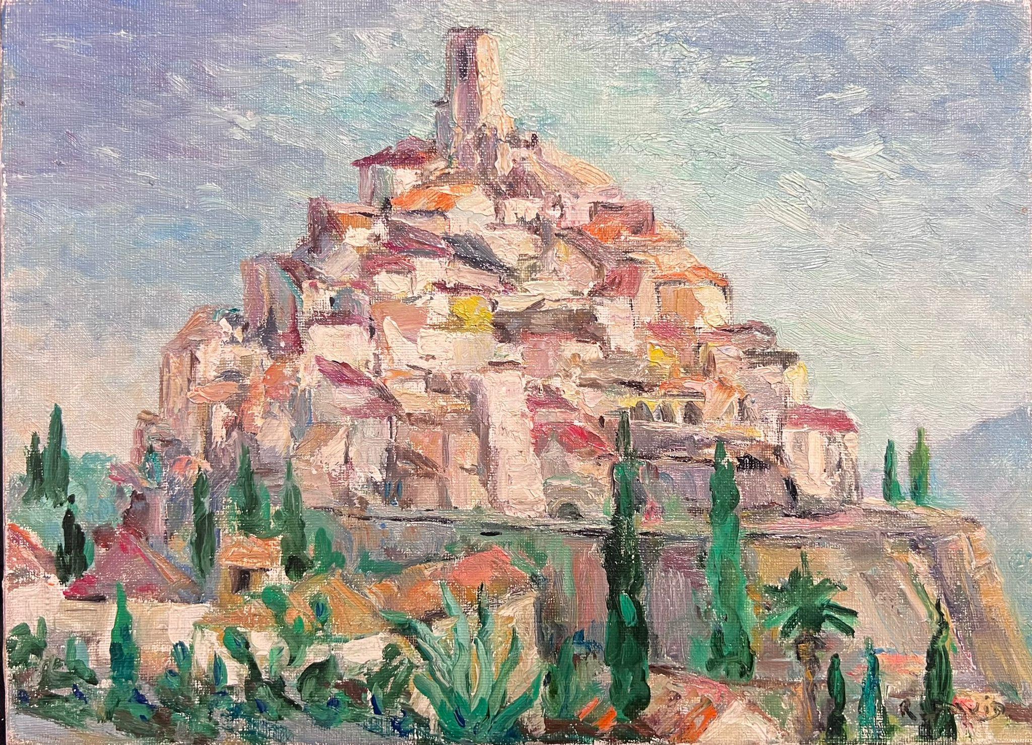 Landscape Painting de Regine David - St. Paul de Vence Provenza 1960 Pueblo de la cima de la colina Óleo postimpresionista francés