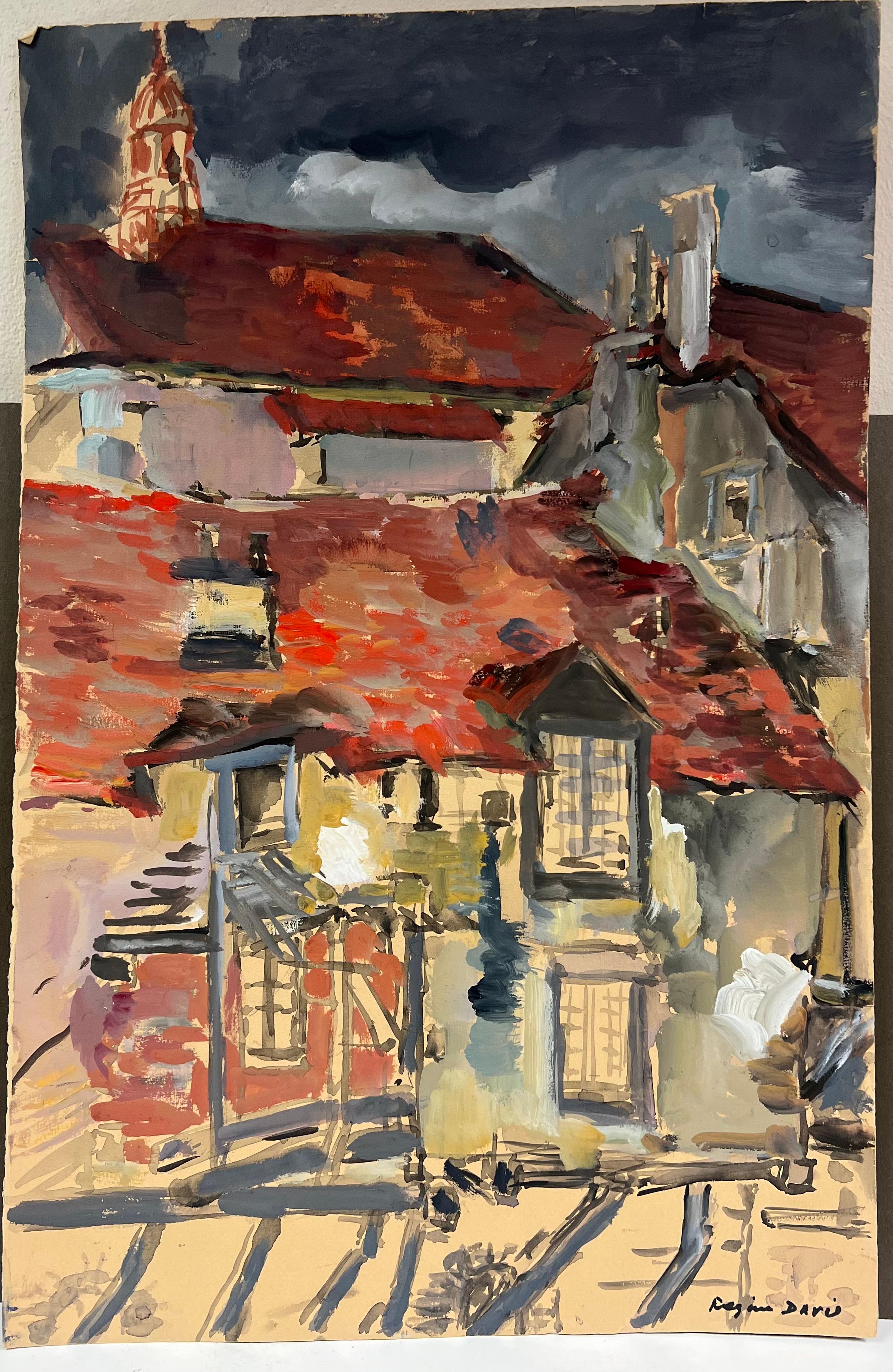 Coqs de tempête d'une vue spectaculaire de coqs à niveaux rouges sous un ciel sombre - Painting de Regine David