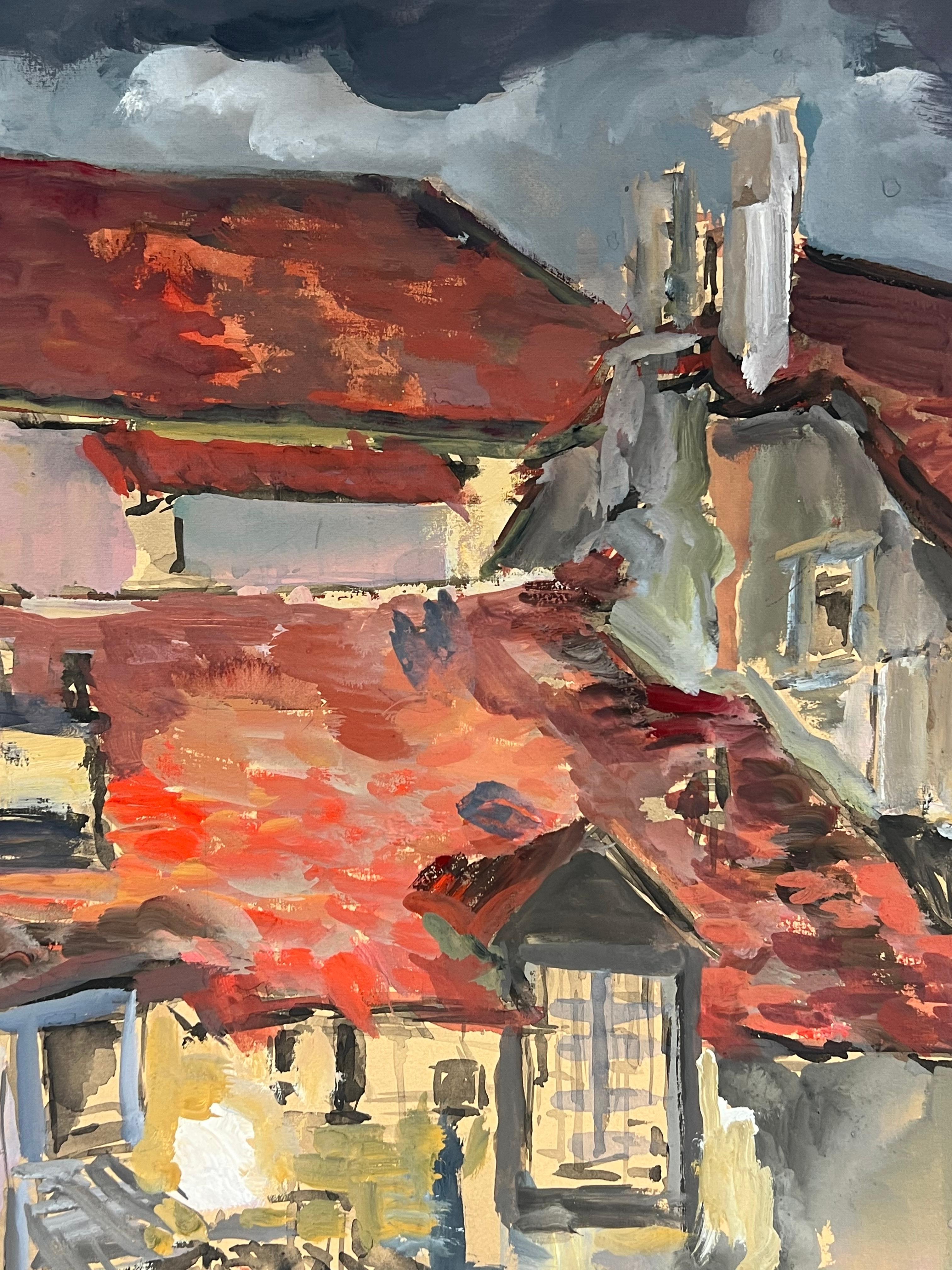 Coqs de tempête d'une vue spectaculaire de coqs à niveaux rouges sous un ciel sombre - Post-impressionnisme Painting par Regine David