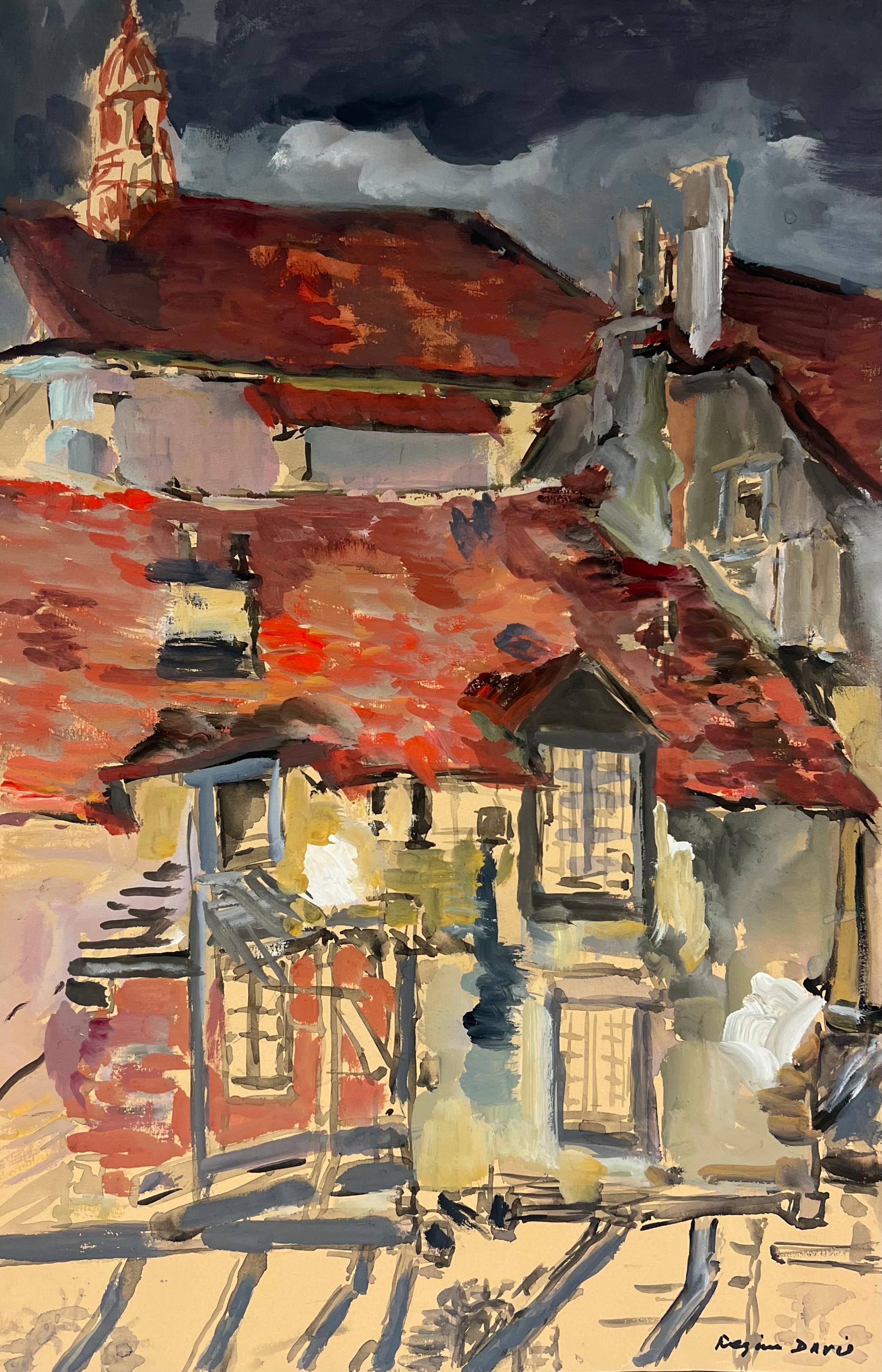 Stormy Rooftops Eine dramatische Ansicht von rot gestuften Hahnen unter einem dunklen Himmel