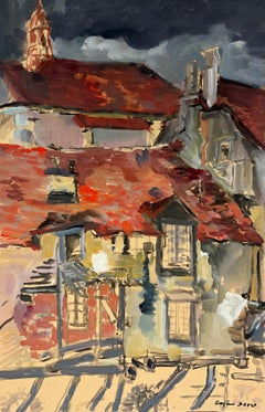 Stormy Rooftops Eine dramatische Ansicht von rot gestuften Hahnen unter einem dunklen Himmel