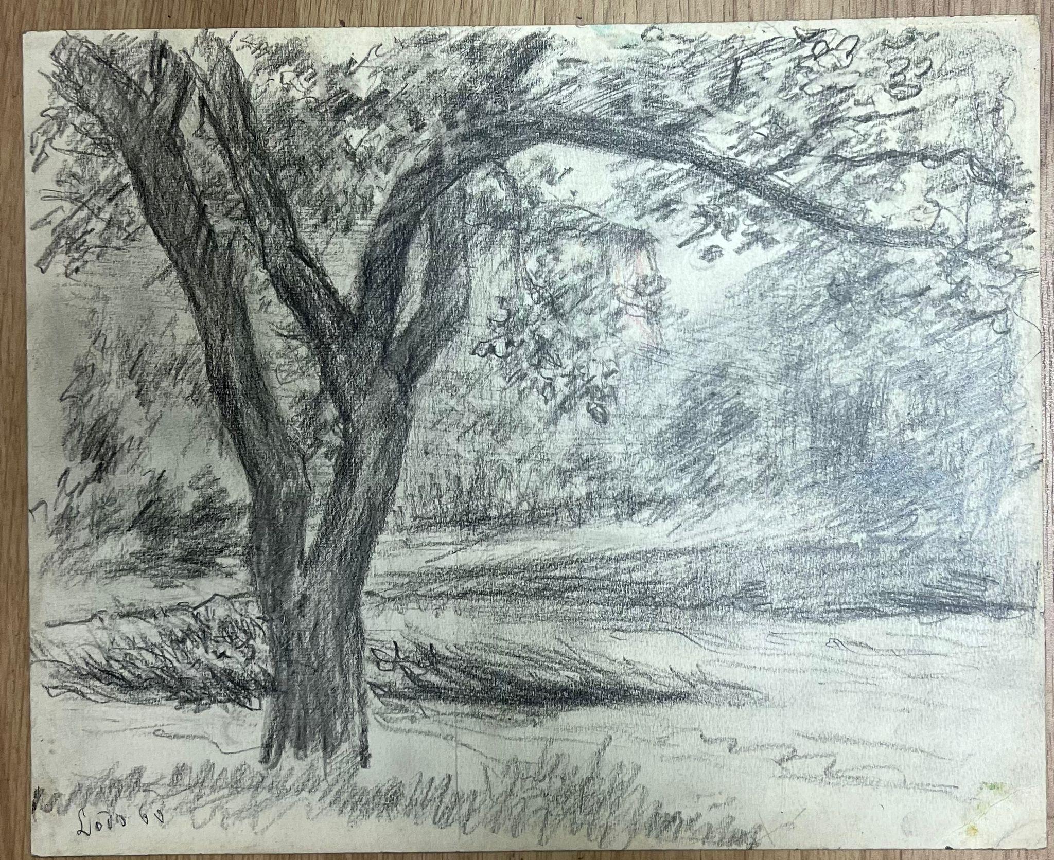 Study of a Tree in a Peaceful Meadow mit Zweigen, die Landschaft aus Streben heraus Streben – Painting von Regine David
