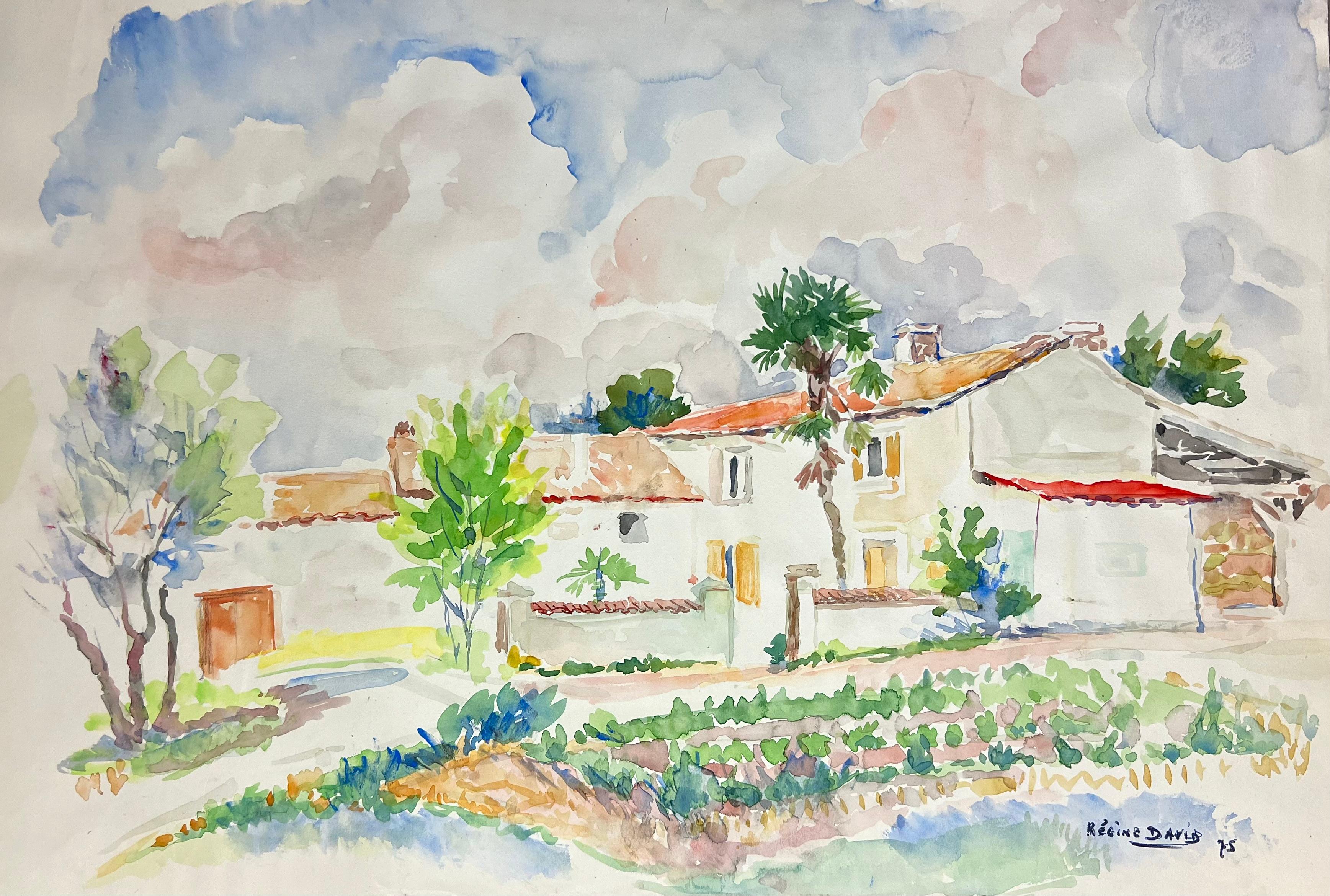 Campagne provençale ensoleillée Une aquarelle pleine de lumière d'une maison rurale française - Painting de Regine David