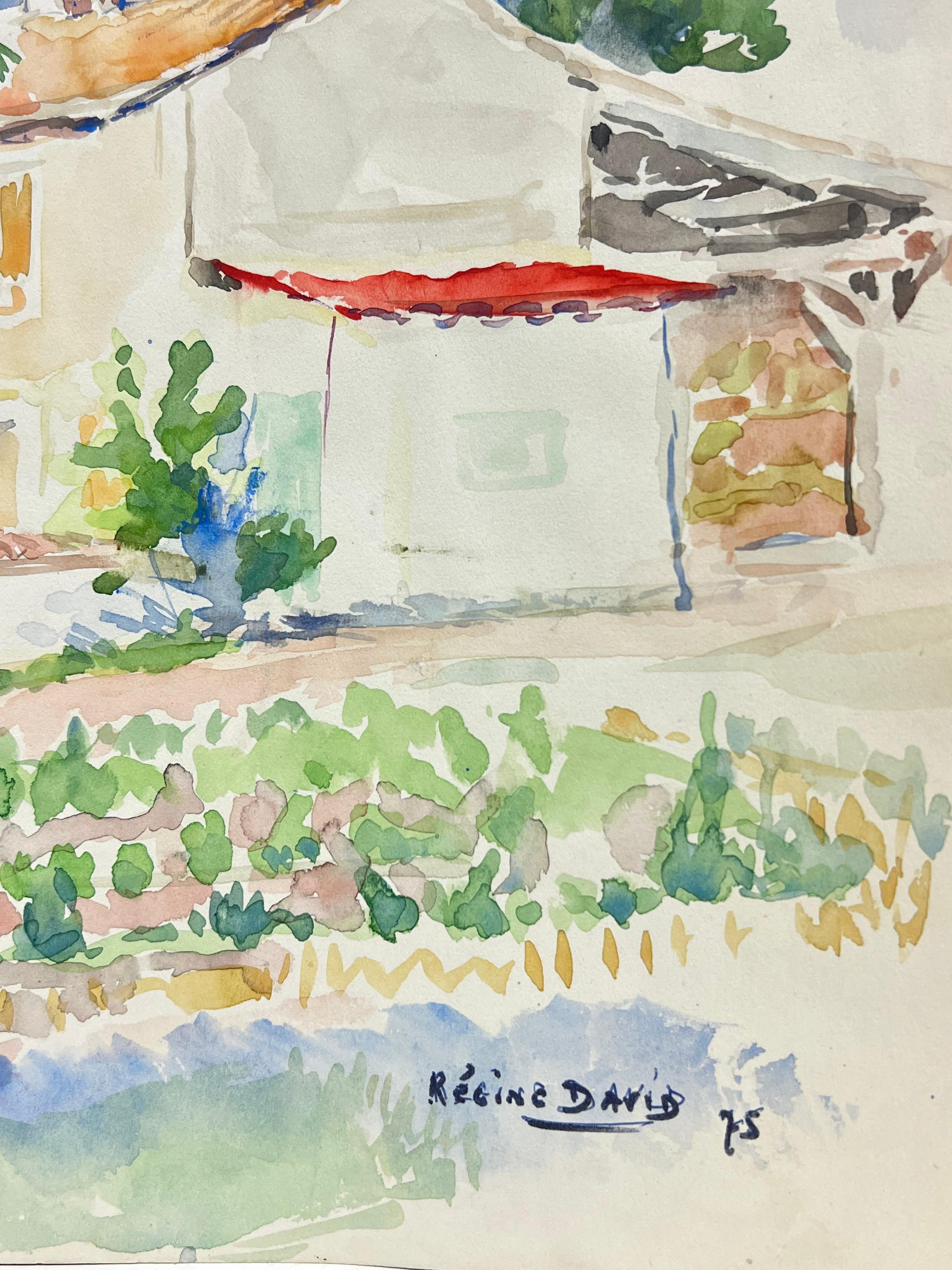 Campagne provençale ensoleillée Une aquarelle pleine de lumière d'une maison rurale française - Beige Landscape Painting par Regine David