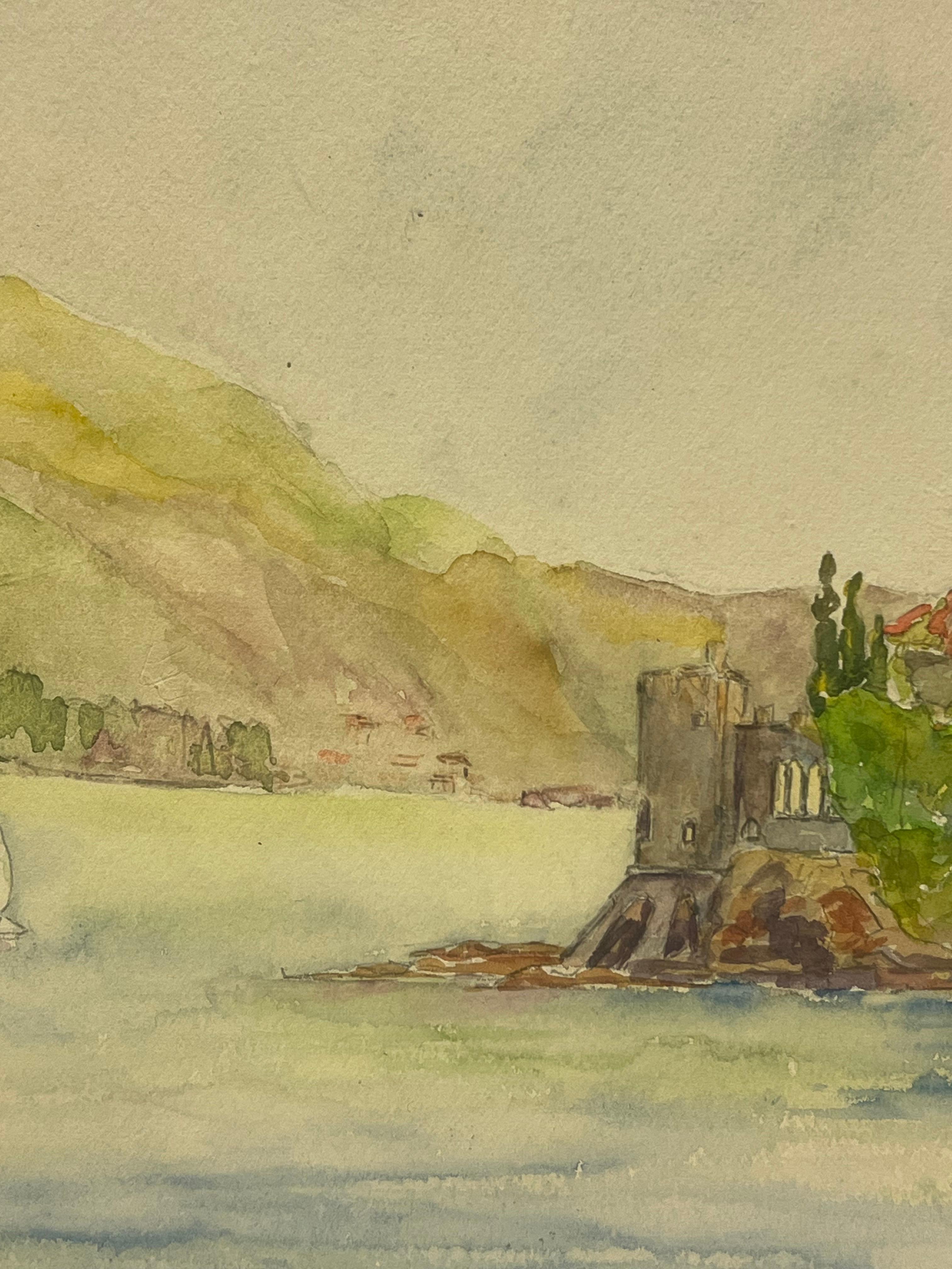 Ruhige Küstenlandschaft mit Villa am Meer und Segelboot Château La Napoule (Post-Impressionismus), Painting, von Regine David