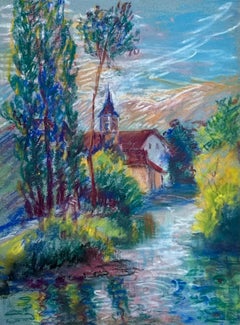 Leuchtende Kirchenlandschaft mit Reflektion auf Wasser, expressionistischem Pastell