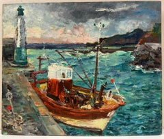 Vibrant Coastal Scene of a Fishing Boat Docked by a Lighthouse French Landscape