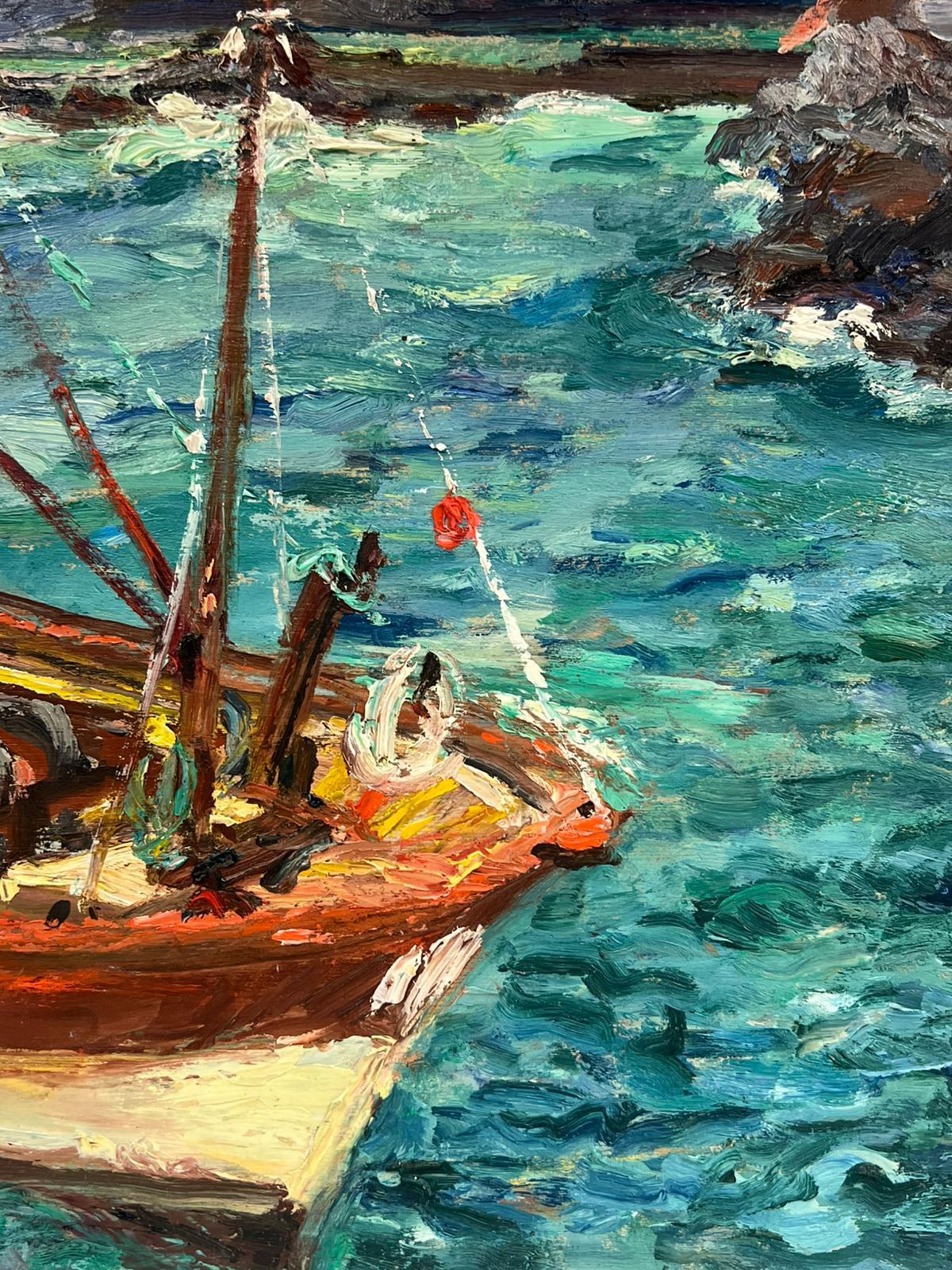 Escena costera 
de Regine David (artista francesa, 1910-2018)
óleo sobre tabla, sin enmarcar
tablero: 15 x 18 pulgadas
Estado: Este cuadro está en excelente estado, con colores vibrantes y detalles bien conservados. El tablero está intacto y no