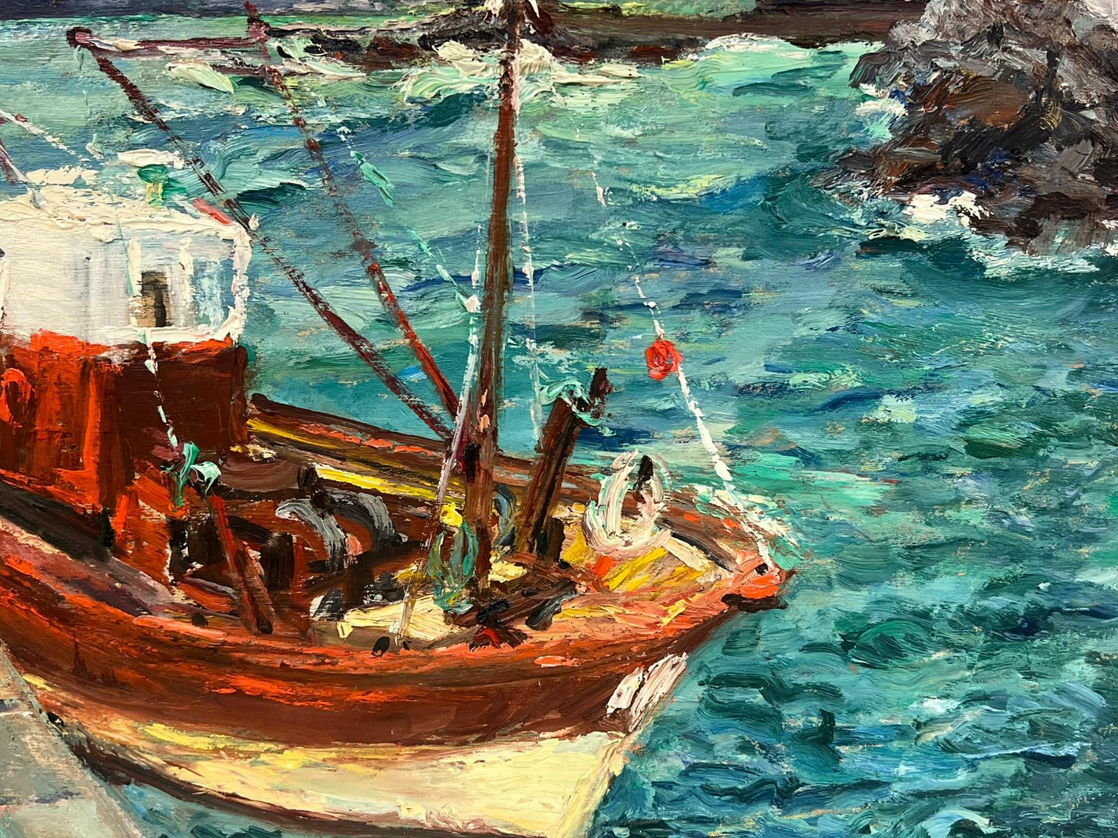 Vibrante escena costera de un barco pesquero atracado junto a un faro Paisaje francés en venta 1