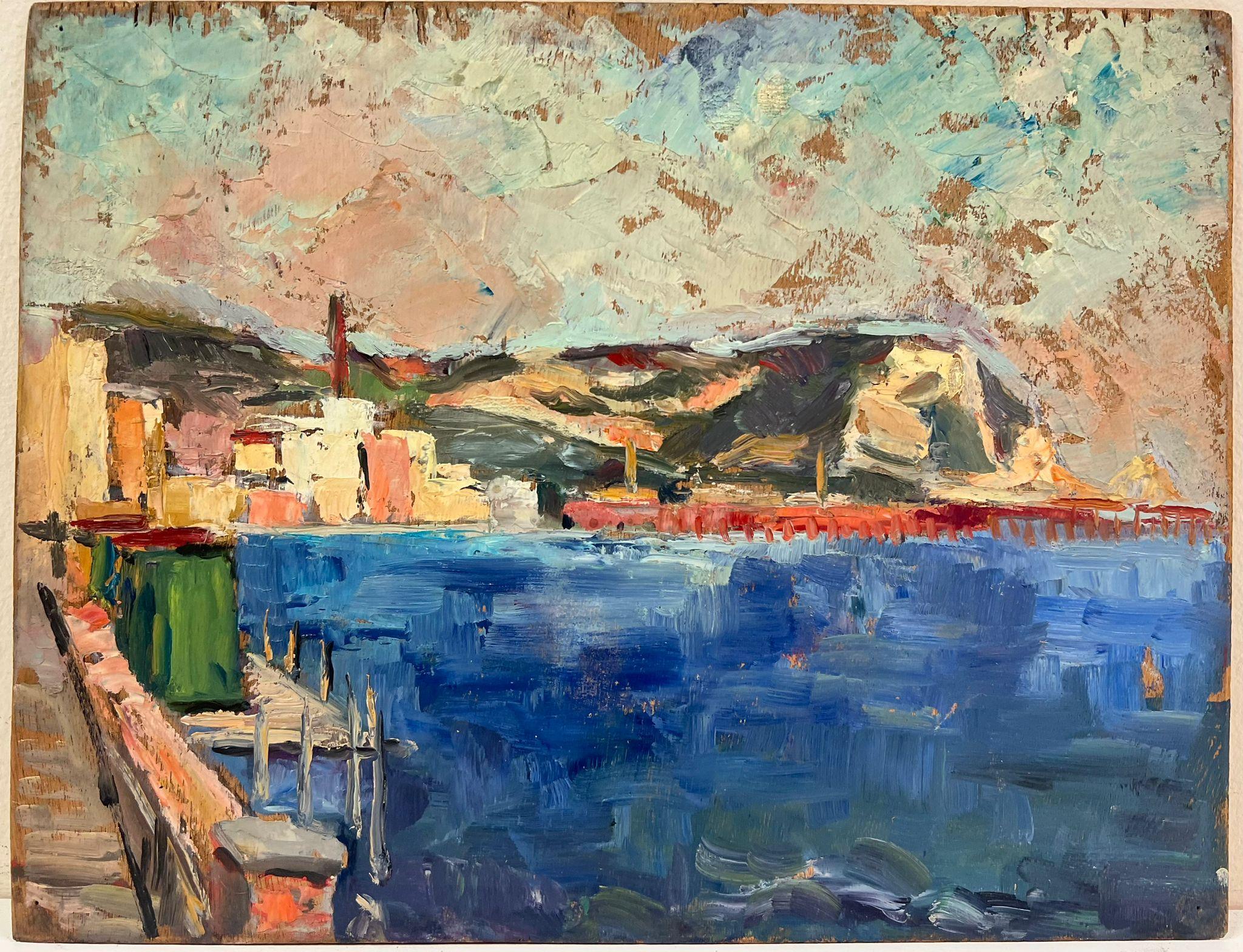 Vibrant Coastal Scene Serene Bright Blue Harbor Landscape - Painting by Regine David