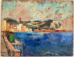 Vibrante scena costiera serena e luminosa, paesaggio portuale blu