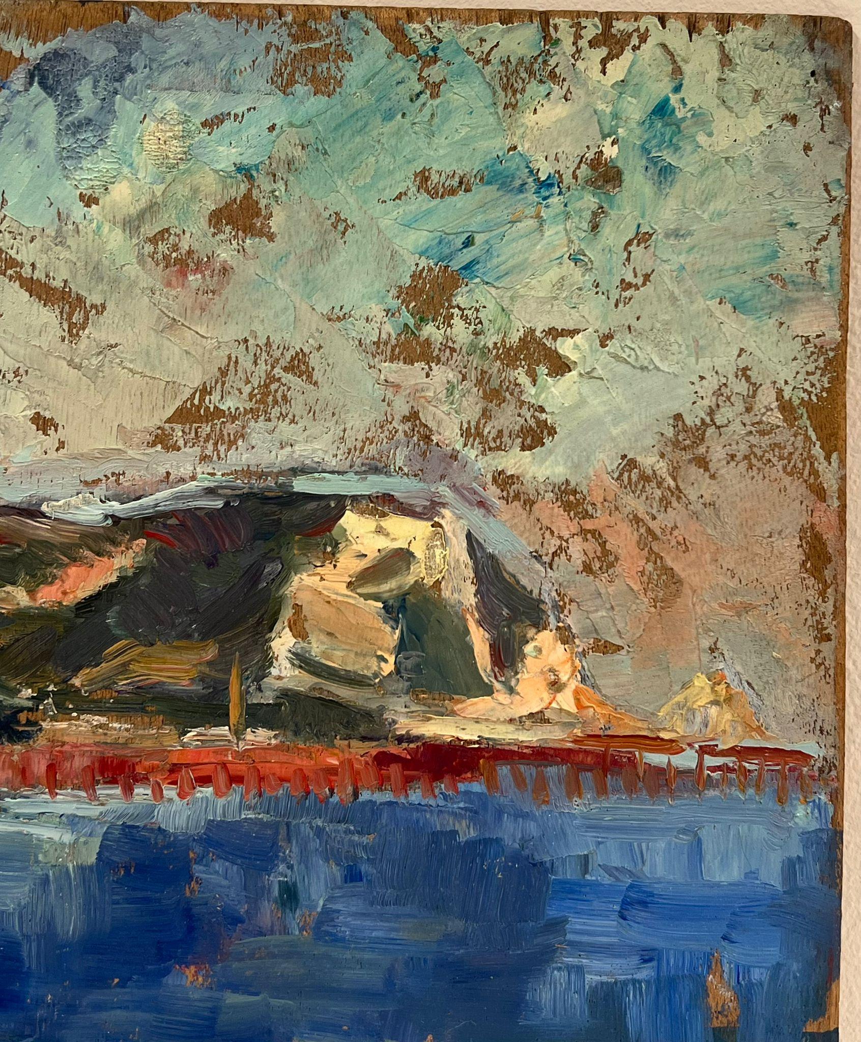 Vibrant Coastal Scene Serene Bright Blue Harbor Landscape - Post-Impressionist Painting by Regine David