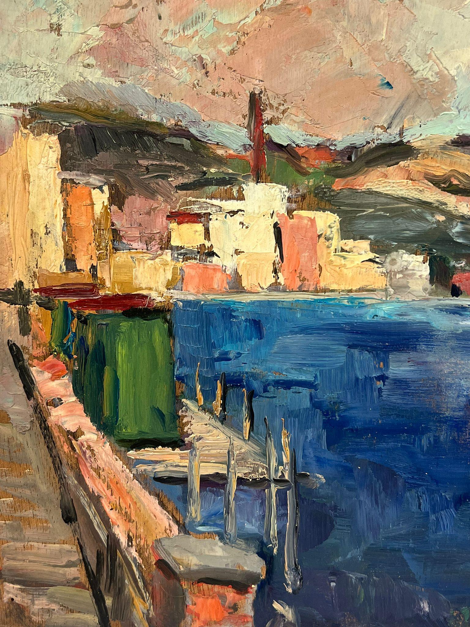Vibrant Coastal Scene Serene Bright Blue Harbor Landscape - Brown Landscape Painting by Regine David