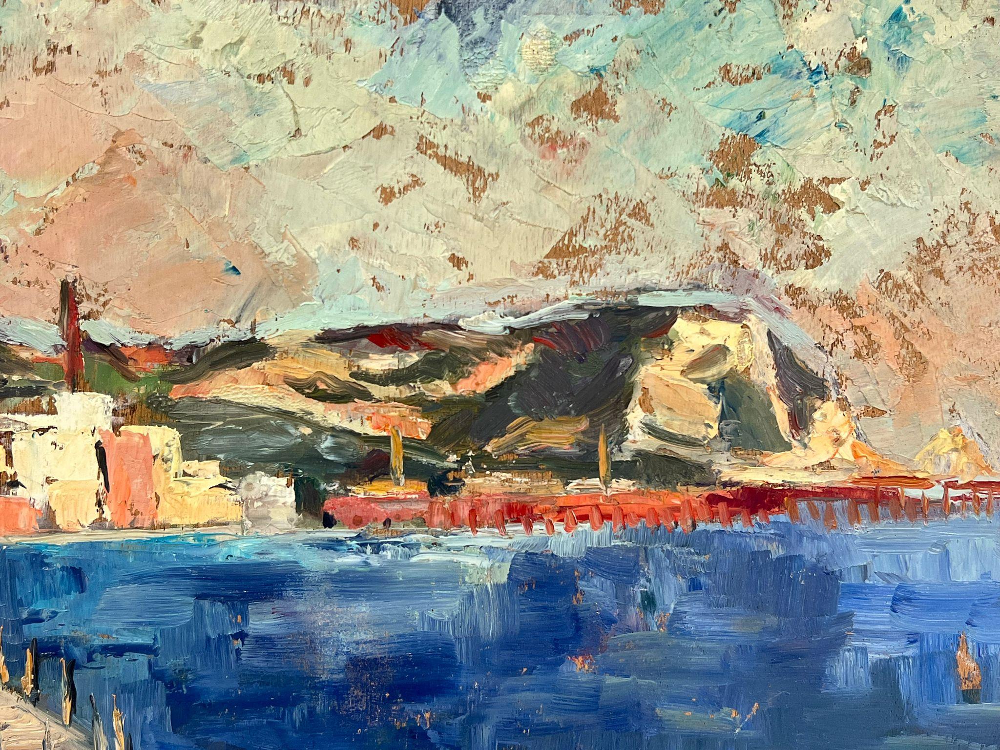 Blue Harbor
by Regine David (female French artist, 1910-2018)
oil painting on board, unframed
board: 11 x 14 inches
condition: This painting is in excellent condition, with vibrant colors and well-preserved details. The board is intact, showing no
