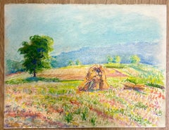 Vibrant Pastoral Scene with Haystack and Blooming Meadow Colorful Pastel