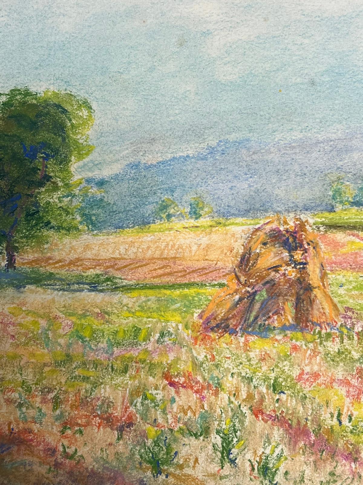 Vibrante scena pastorale con pagliaio e prato in fiore Pastello colorato - Painting Postimpressionismo di Regine David