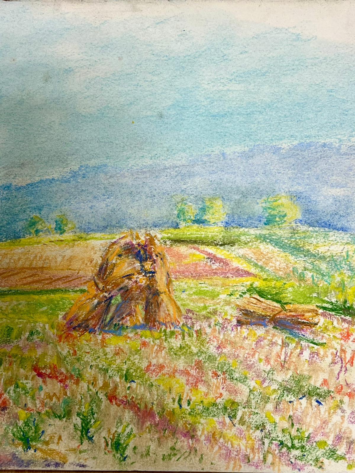 Vibrante scena pastorale con pagliaio e prato in fiore Pastello colorato - Landscape Painting Beige di Regine David