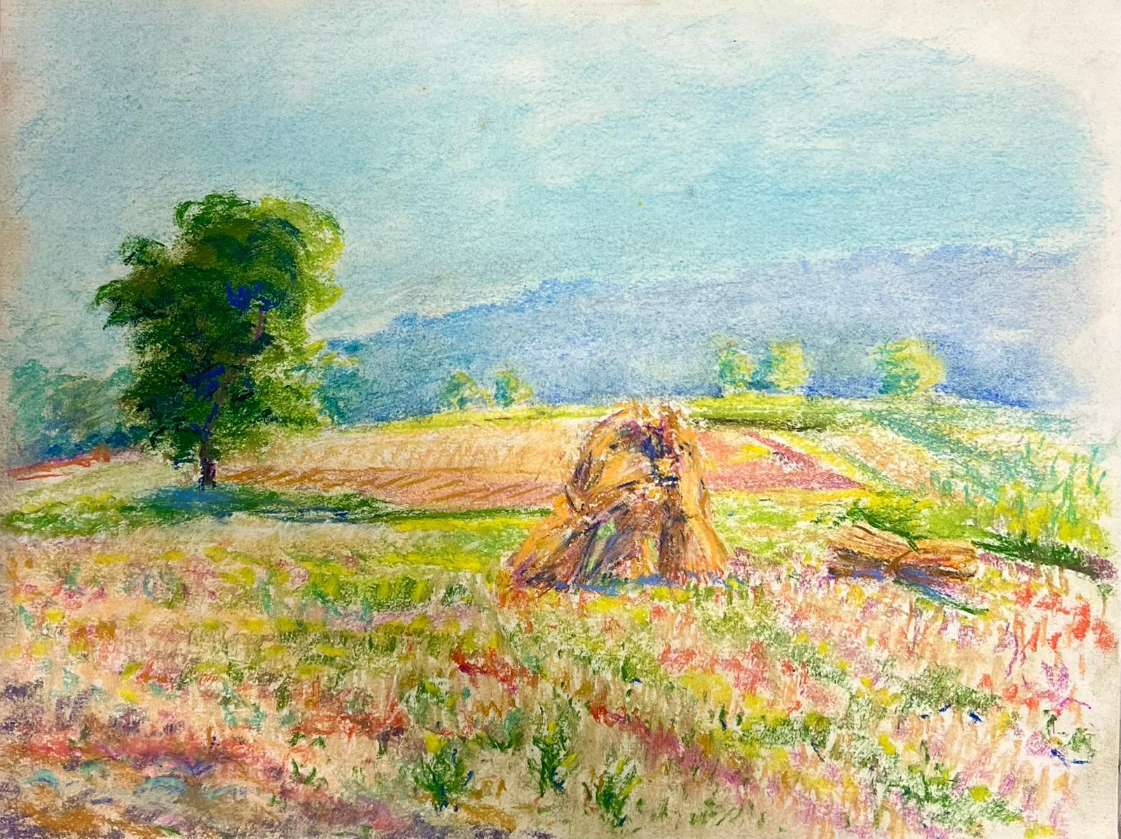 Landscape Painting di Regine David - Vibrante scena pastorale con pagliaio e prato in fiore Pastello colorato