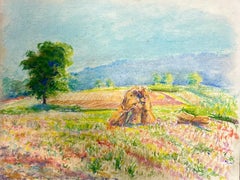 Vibrante escena pastoral con pajar y prado en flor Pastel colorido