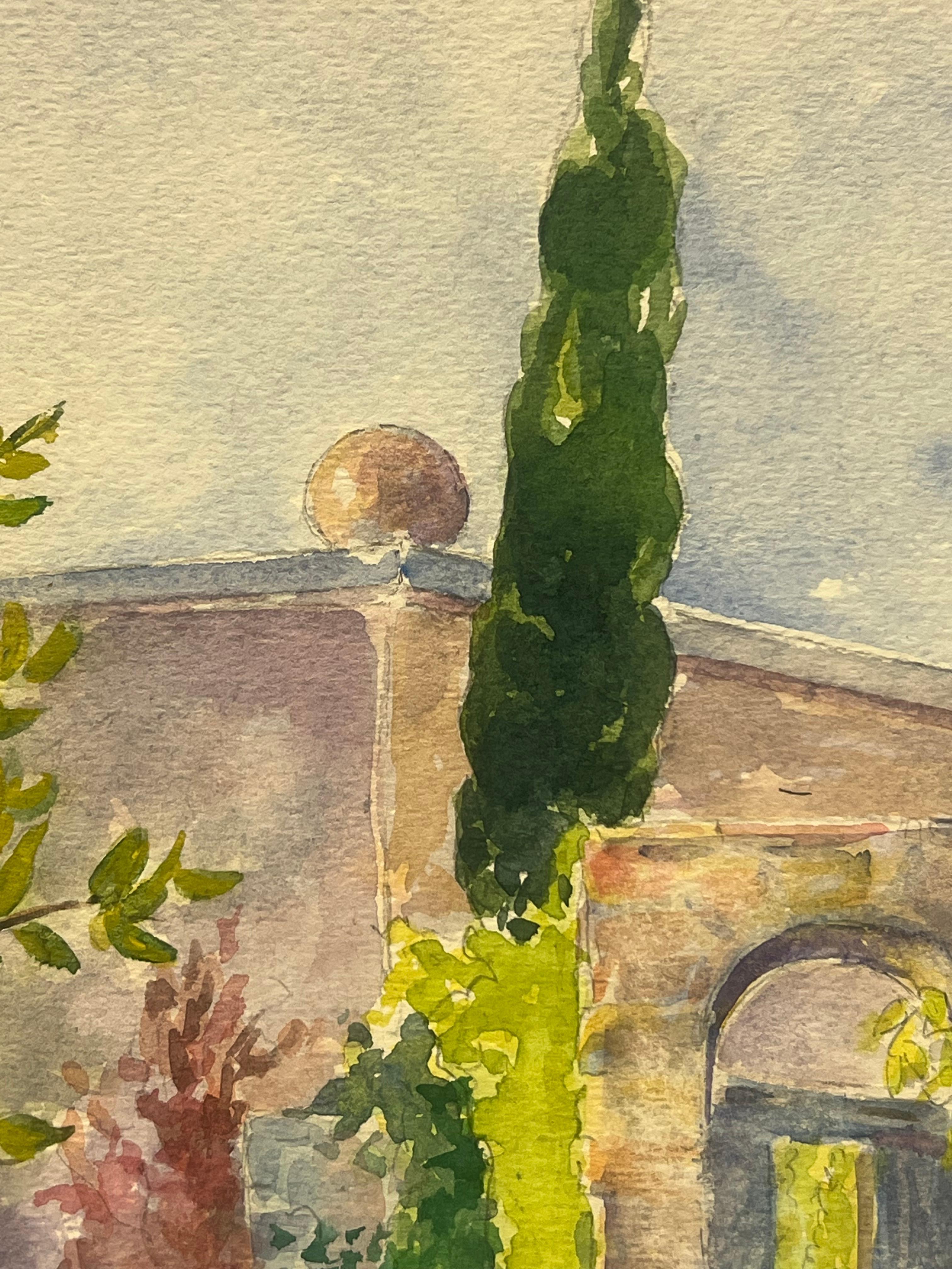 VILLA Hyères Scène de jardin avec cyprès et arcade en pierre Aquarelle vibrante - Post-impressionnisme Painting par Regine David