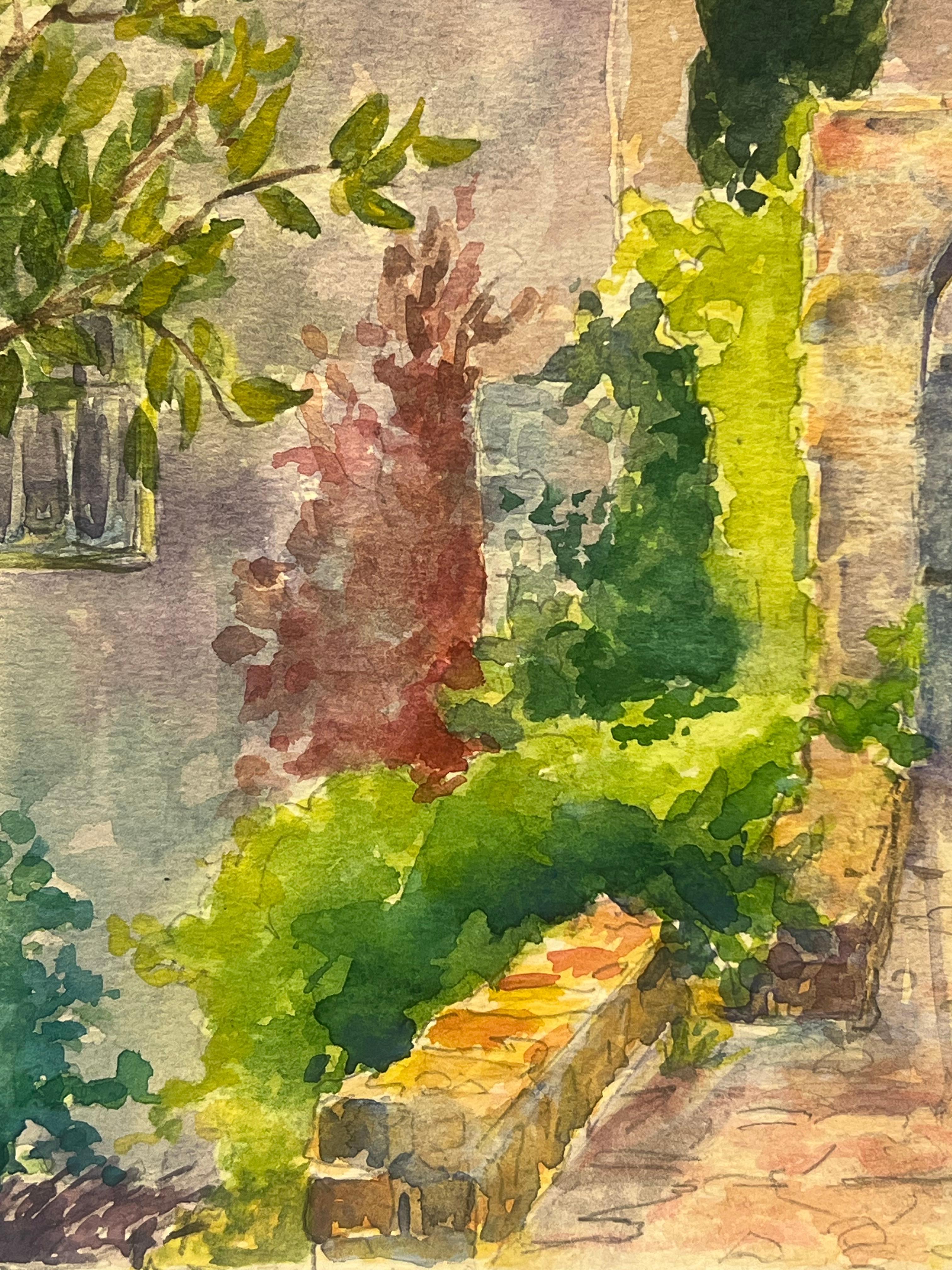 Scène de jardin méditerranéen
par Régine David (artiste française, 1910-2018)
inscrit au verso, daté de 1986
peinture à l'eau sur papier d'artiste, non encadrée
haletant : 10 x 6,5 pouces
état : Cette peinture est en excellent état, avec des