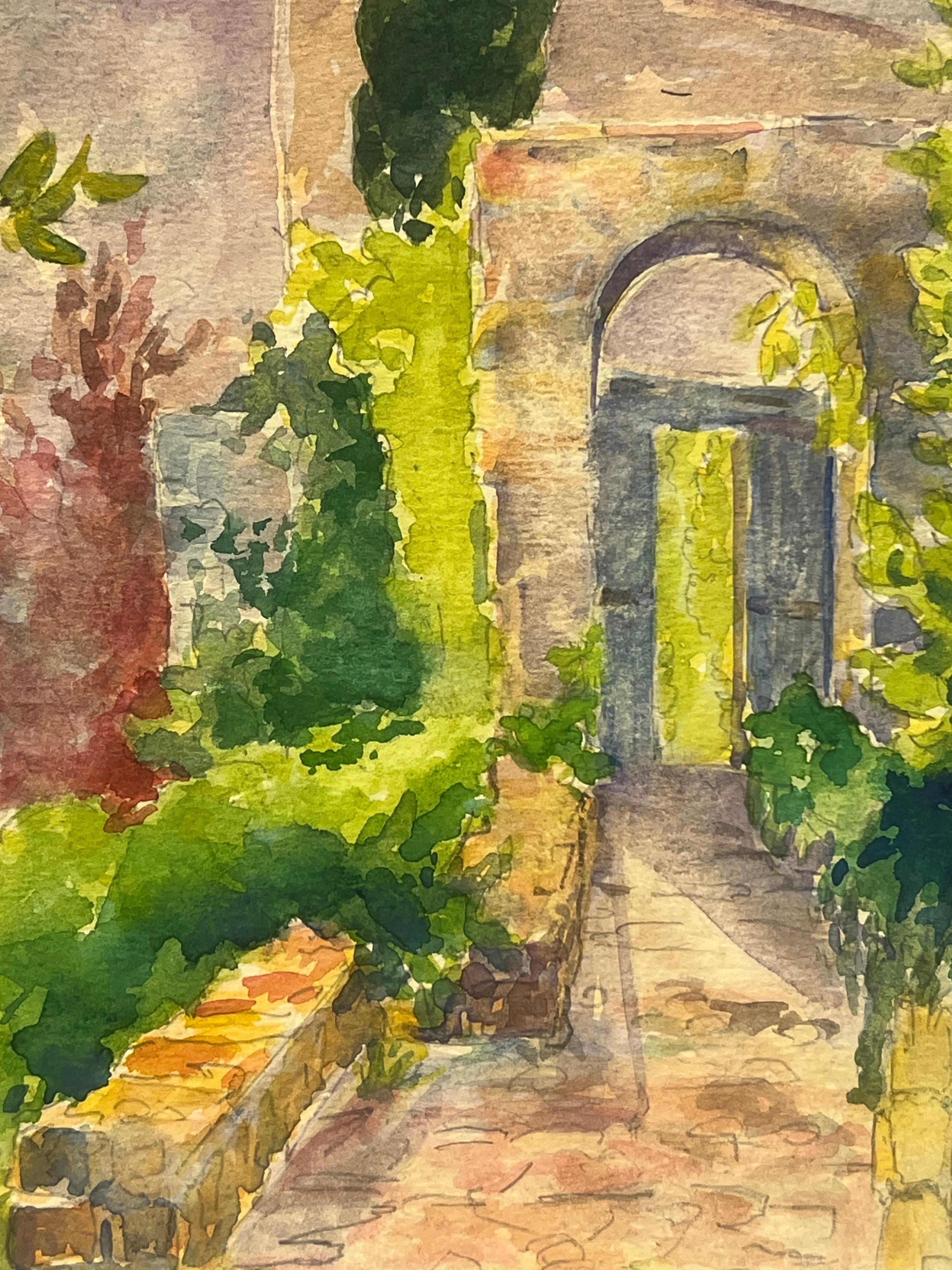 VILLA Hyères Scène de jardin avec cyprès et arcade en pierre Aquarelle vibrante en vente 1