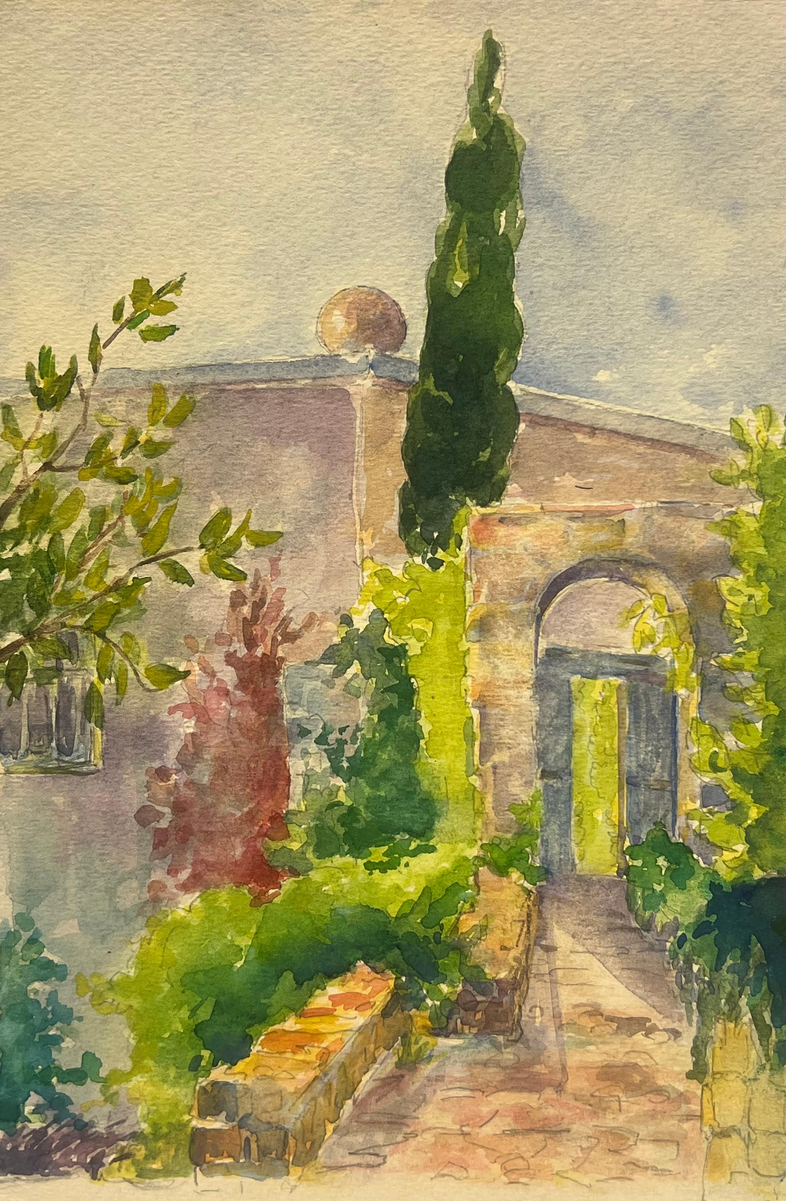 Villa Hyères Garden Scene with Cypress and Stone Archway Vibrant Watercolor