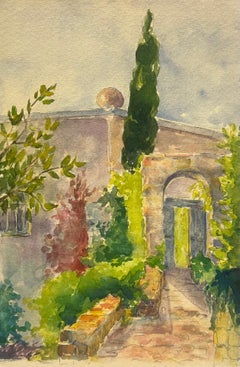 Villa Hyères Gartenlandschaft mit Zypresse und Steinbogen Lebendiges Aquarell